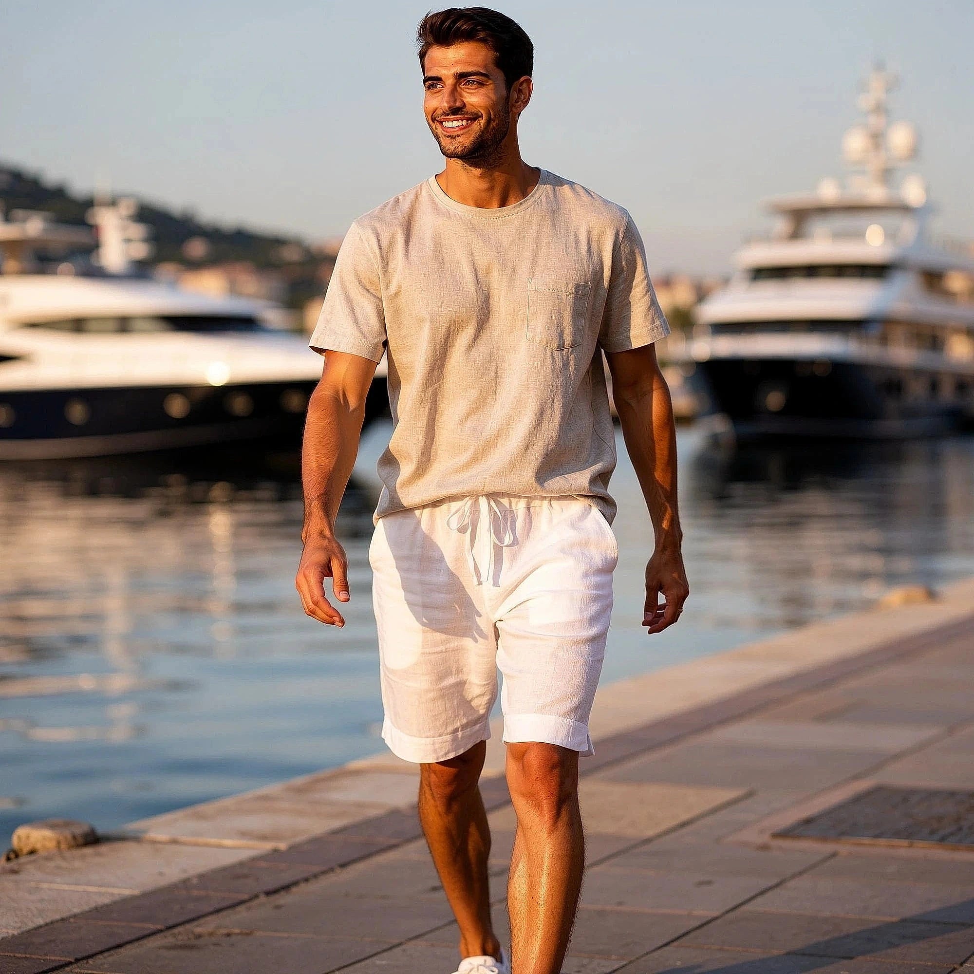 Lightweight casual shorts in light gray, made from breathable fabric, featuring pockets and an elastic waistband, view
