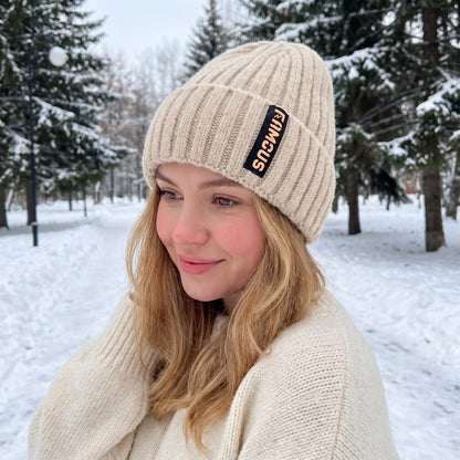Close up view of the Womens Cozy Knitted Winter Beanie showing intricate stitching and soft fabric texture, perfect for cold weather layering.
