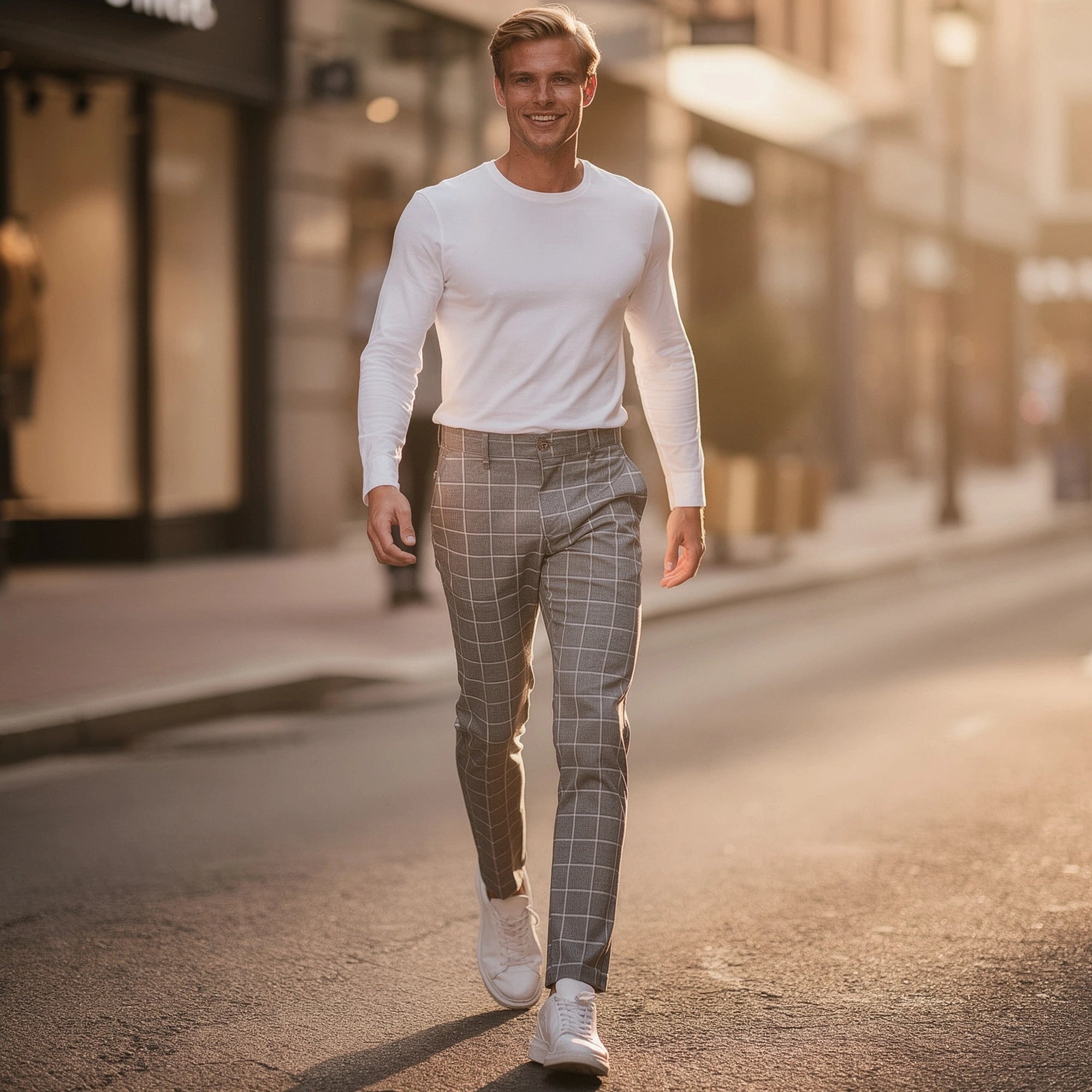 View of modern tailored tapered trousers in charcoal gray fabric, featuring a sleek design and subtle crease lines