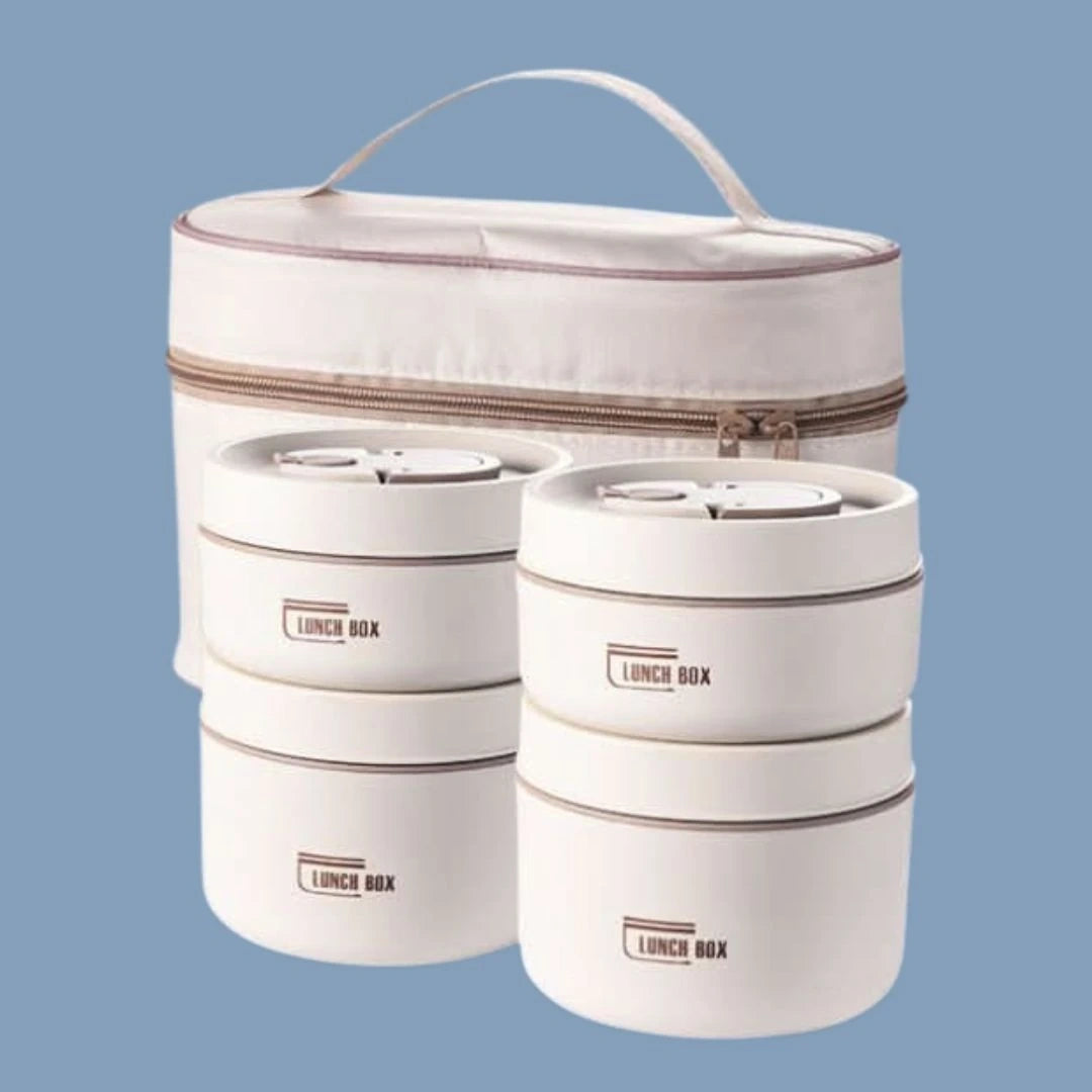 View of a chic insulated meal container set in a sleek grey color, featuring a secure lid and convenient carrying handle