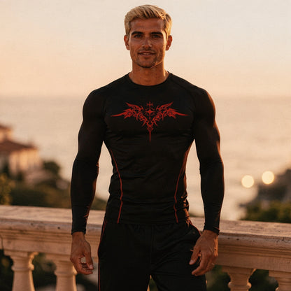 Dark gray compression tee with short sleeves, quick drying fabric, and a fitted design, view showcasing stitching