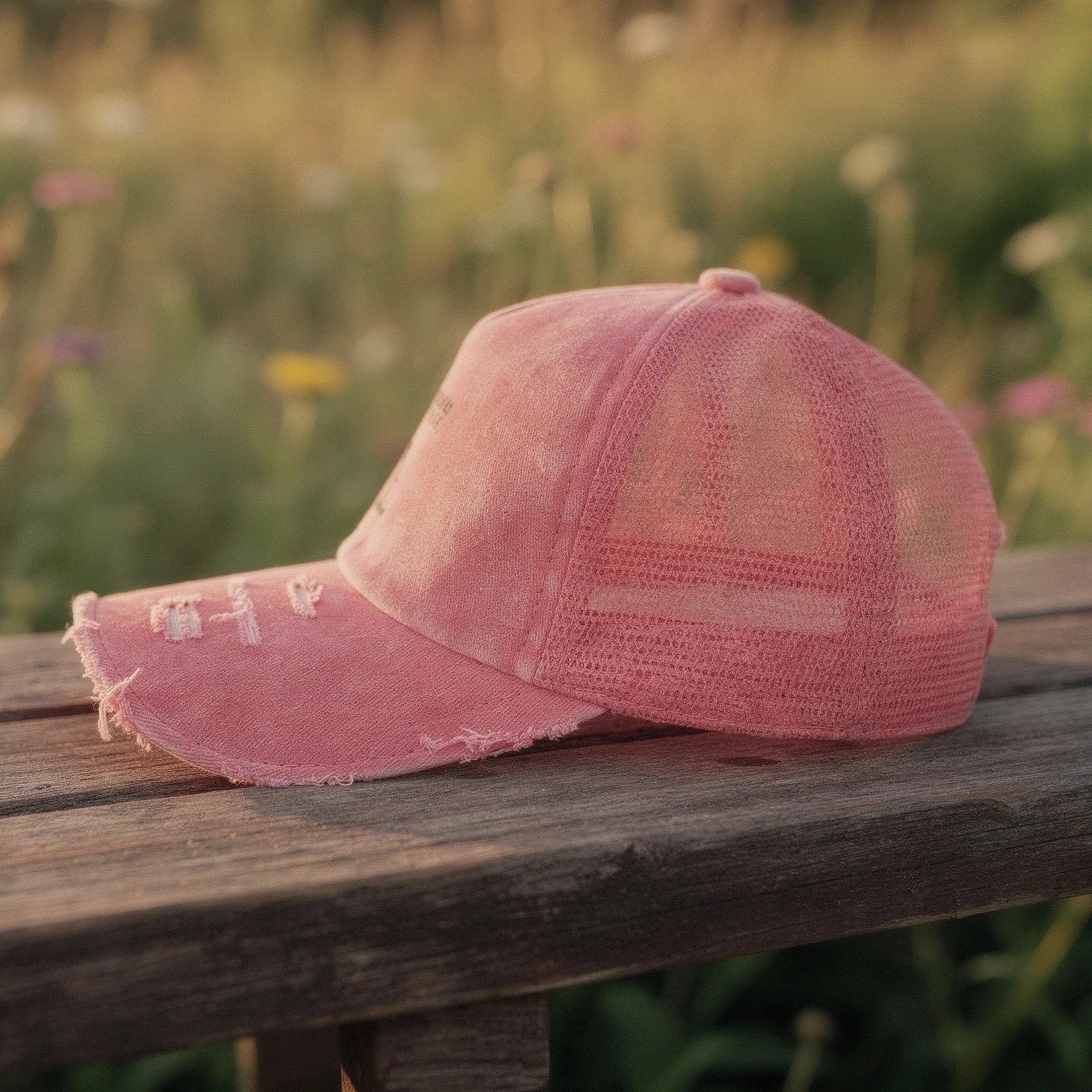 View of a light pink summer baseball cap made of breathable fabric, featuring a curved brim and adjustable strap