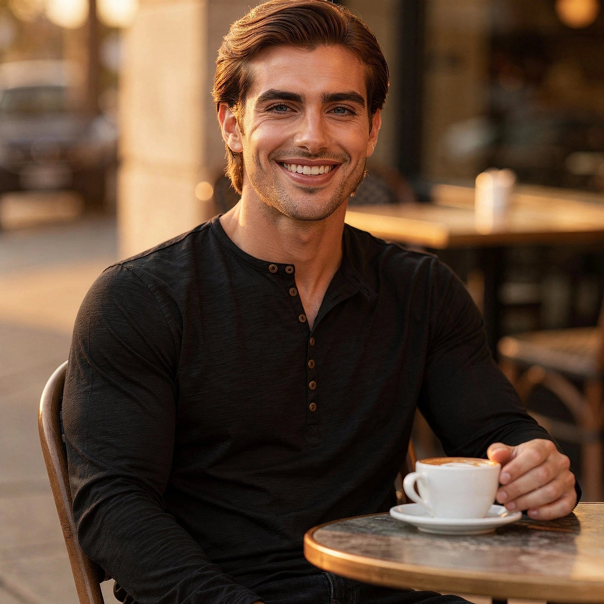 View of a soft gray long sleeve henley shirt featuring a buttoned placket and ribbed cuffs