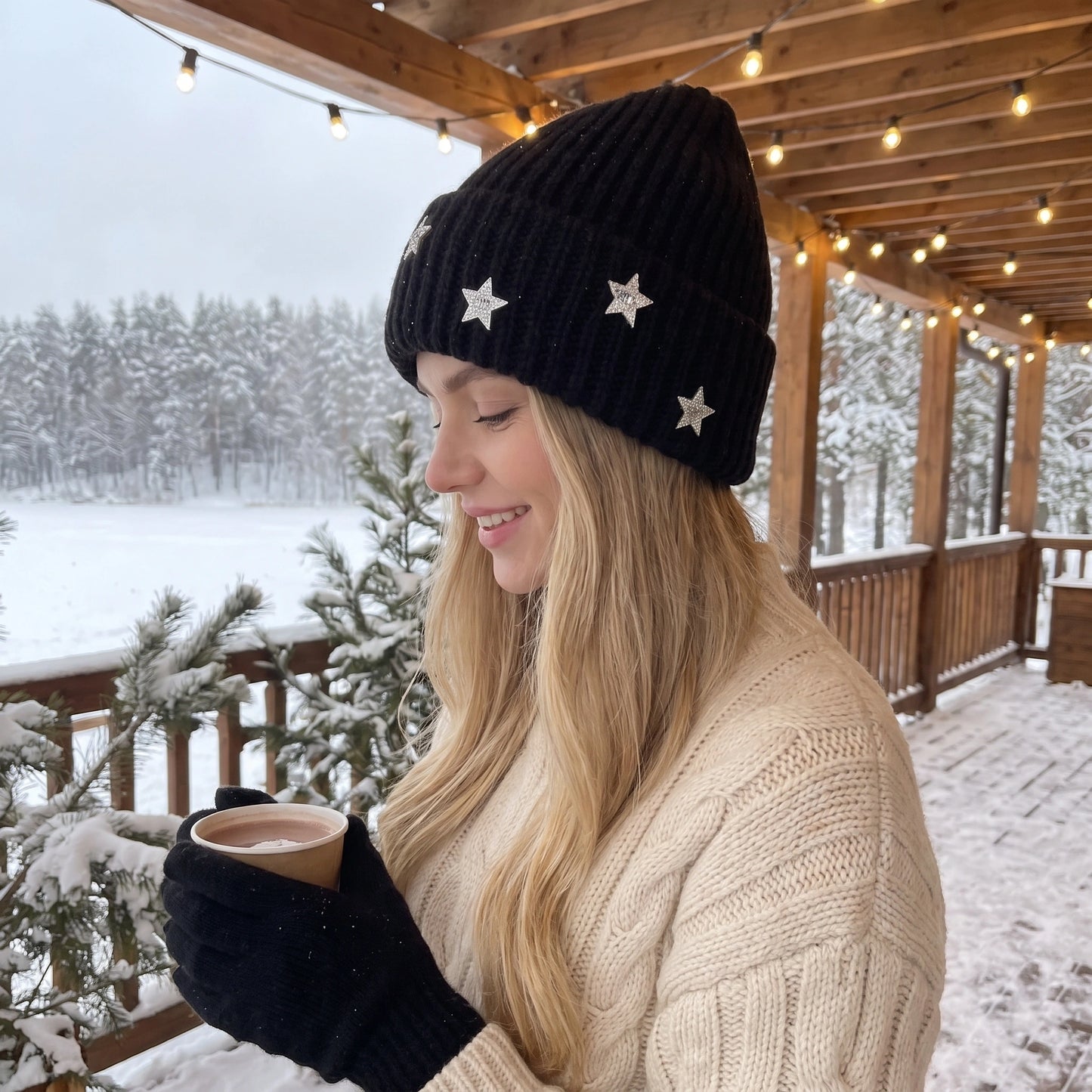 Back view of a women's cozy sparkly winter beanie, showing its intricate knit construction and shimmering details against a soft, neutral background.
