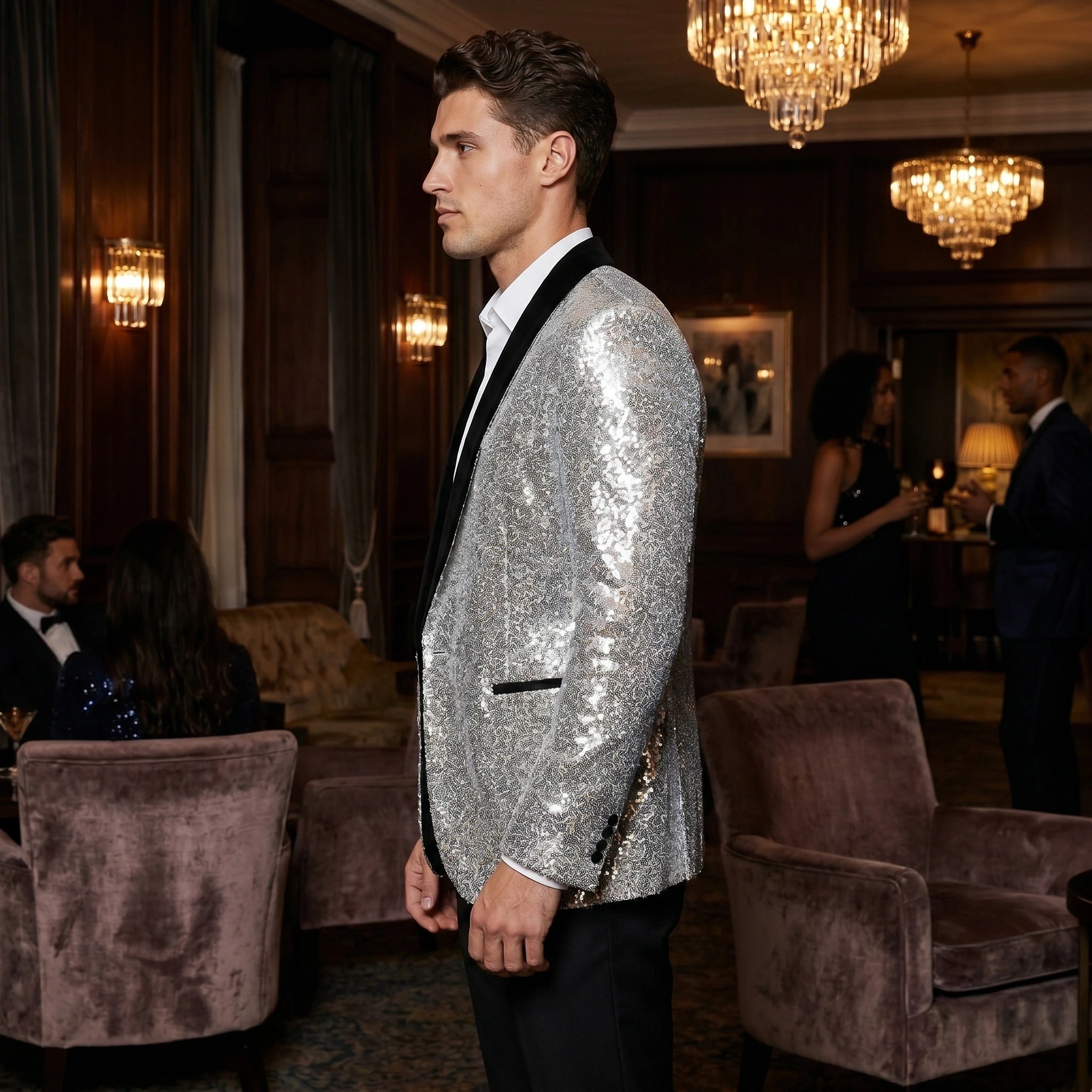 Close up view of the Men's Dazzling Sleek Evening Blazer showing its luxurious fabric, precise stitching, and slim fit design.