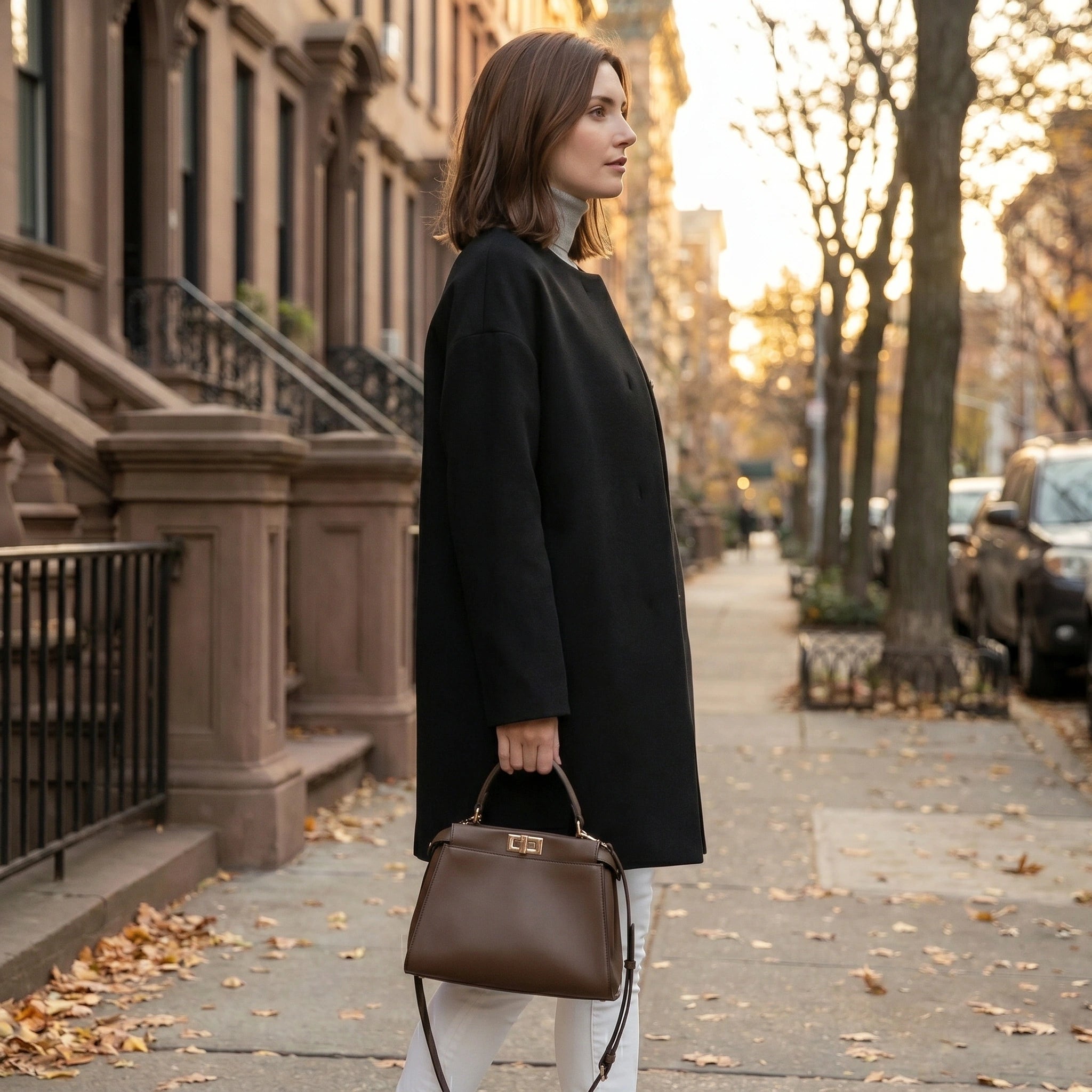 Close up of the Womens Polished Minimalist Winter Coat showing the luxurious fabric texture and precise stitching, showing its sophisticated design against a neutral background.