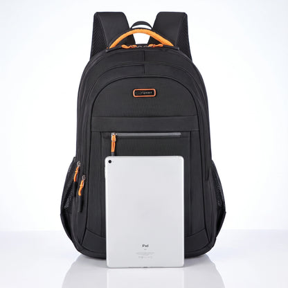 Close up view of the Men's Waterproof School Backpack showing its durable Oxford fabric, precise stitching, and design elements against a neutral background.