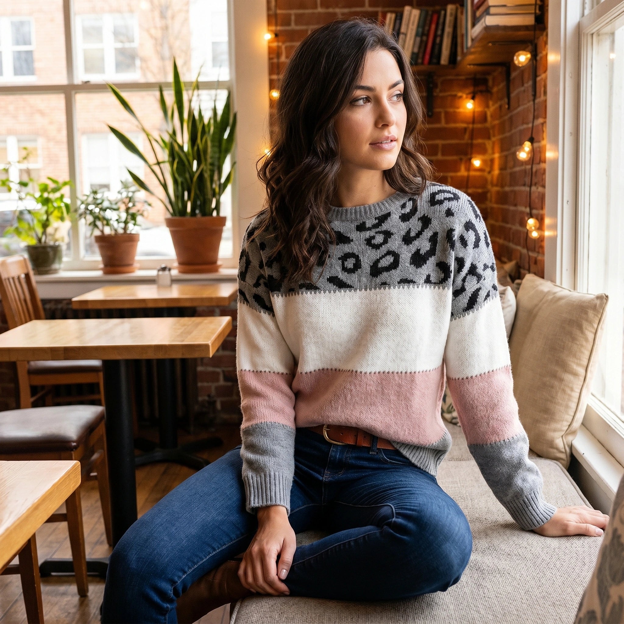 Close up view of the Womens Bold Sweater showing the soft knit fabric, intricate stitching details, and colorful perfect for winter styling.