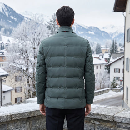Close up view of the Men's Streamlined Winter Jacket showing the luxurious fabric texture and precise stitching details against a neutral background.