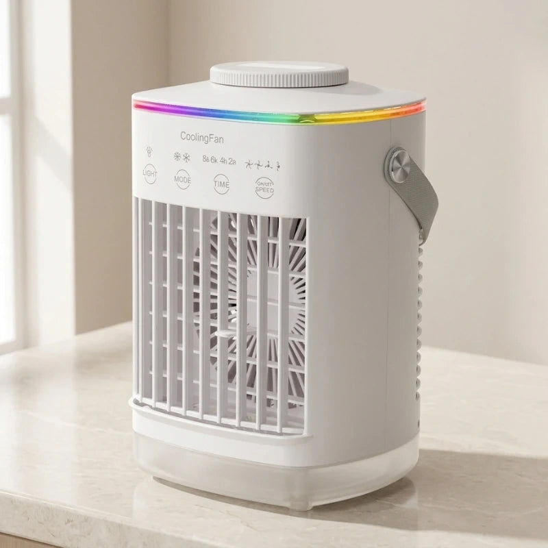 Compact mini air cooler with a sleek design, featuring an LED night light and user friendly controls on the