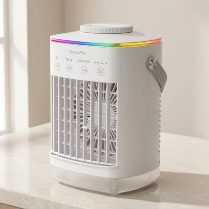 Compact mini air cooler with a sleek design, featuring an LED night light and user friendly controls on the