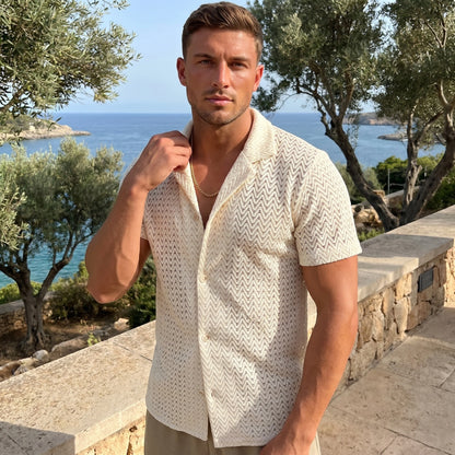Close up view of the Mens Sleek Sophisticated Summer Shirt showing its fine fabric texture, precise stitching, and design details for a polished summer look.