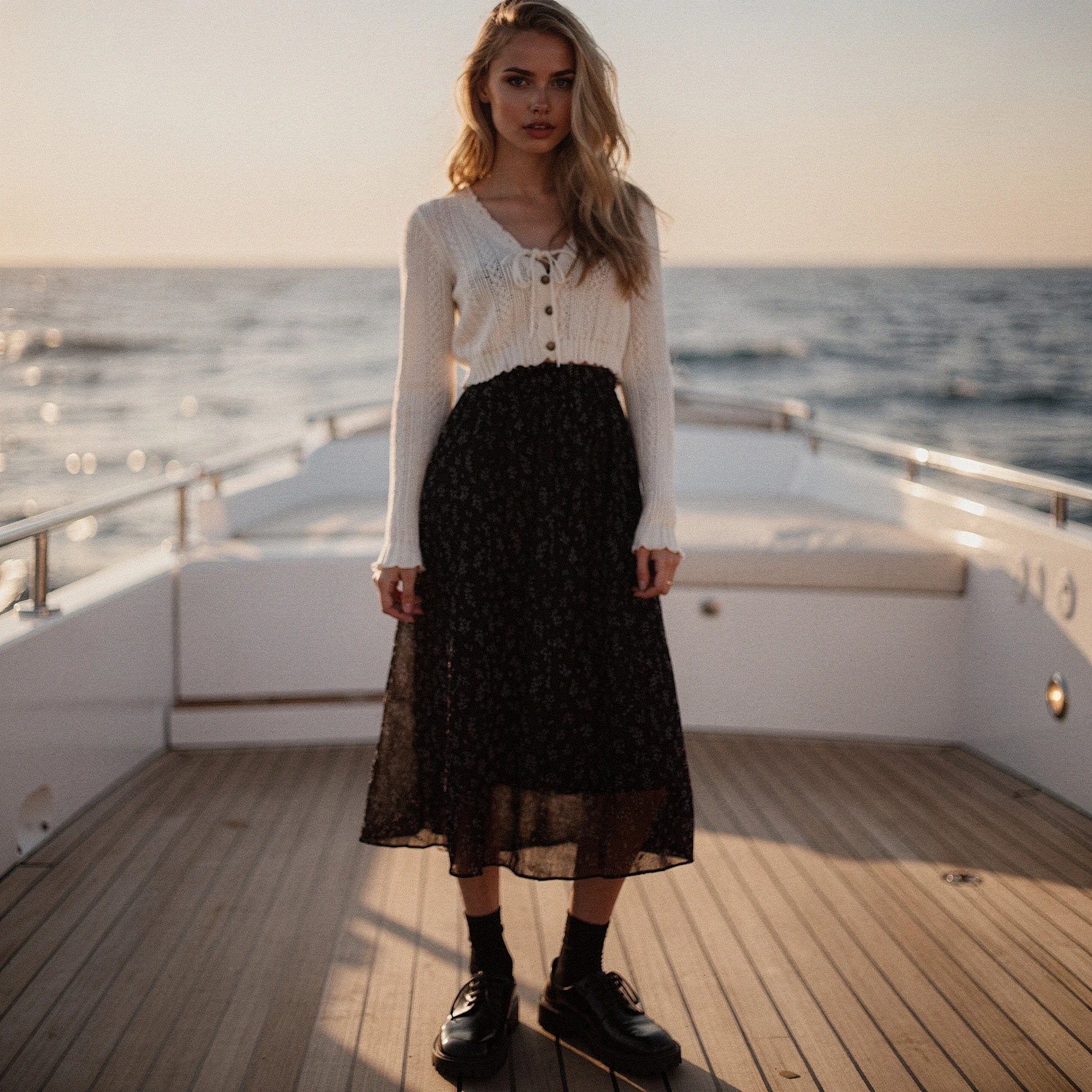 Light pink midi skirt made of flowy fabric, featuring a delicate floral pattern and a comfortable elastic waistband, view