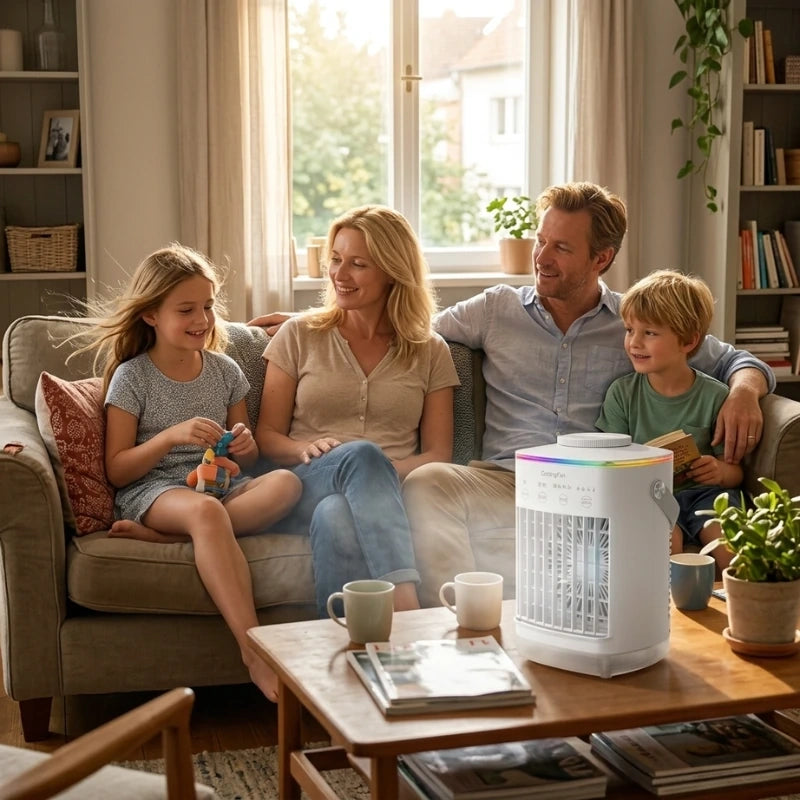 Of the mini air cooler's intuitive control panel showcasing adjustable fan speeds and a glowing LED night light feature