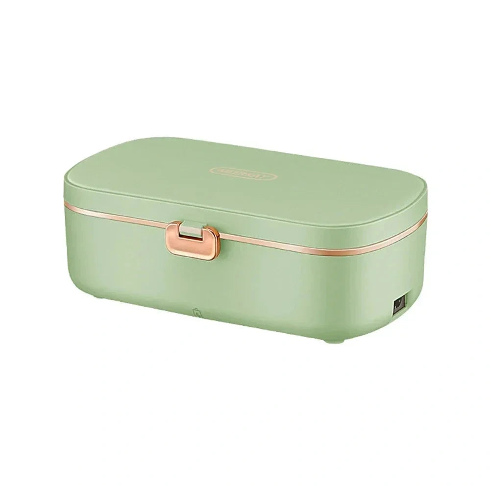 Compact insulated electric lunch box in sleek gray with a view showcasing the easy access lid and built in handle