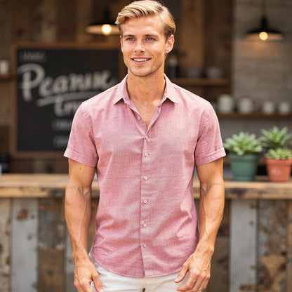 View of a relaxed fit long sleeve crew neck casual shirt in light gray cotton, showcasing the soft fabric and stitching