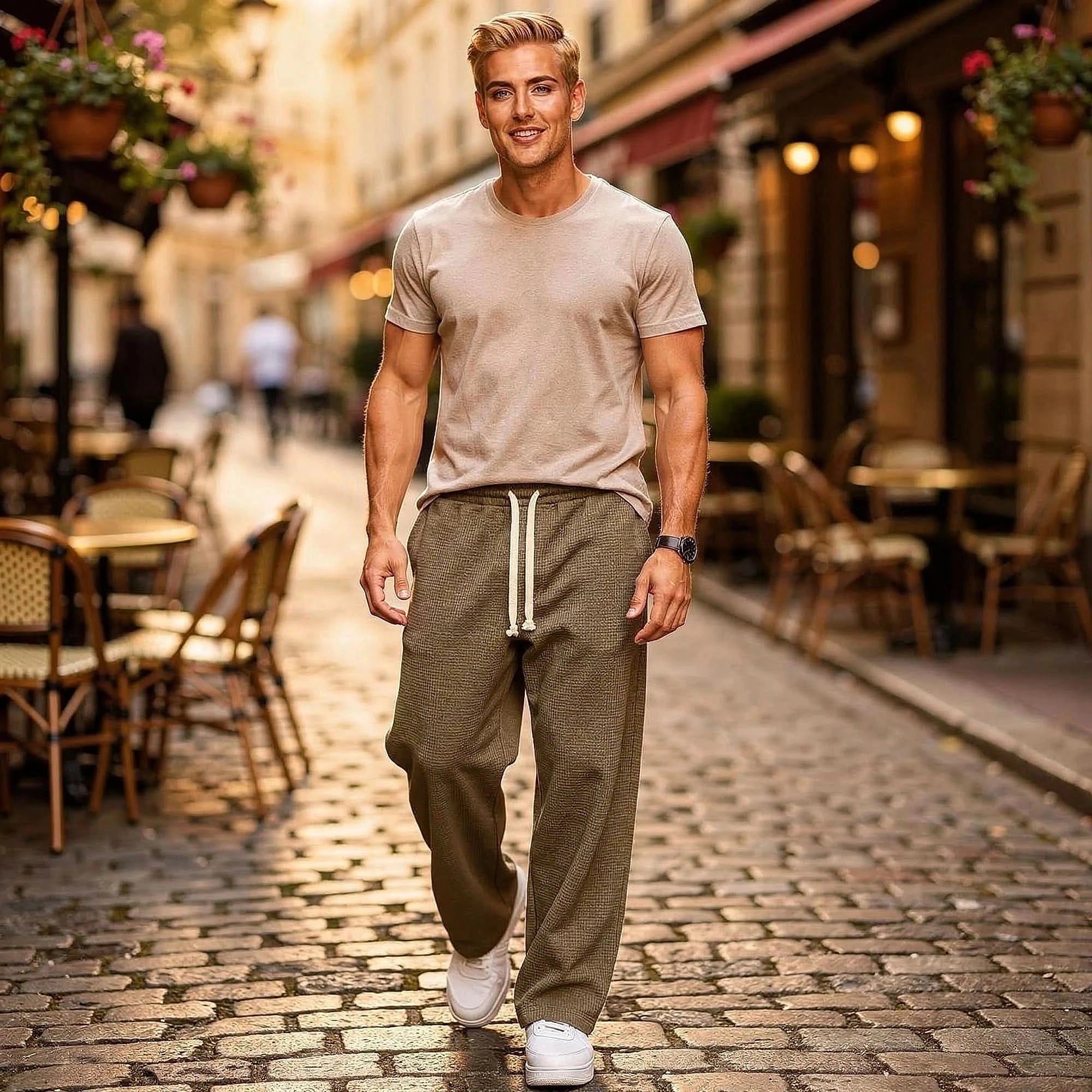 View of relaxed fit pants in soft beige fabric, featuring an elastic waistband and pockets