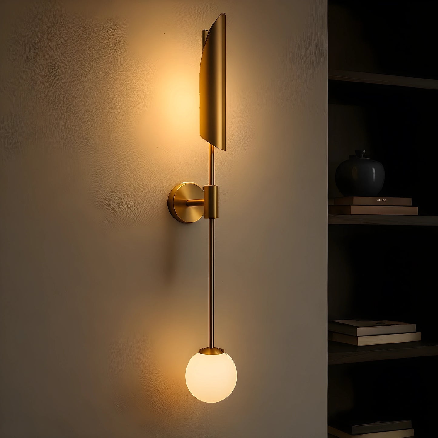 View of a brass and white dual light wall sconce fixture with a refined Nordic design, showcasing elegant curves and finishes