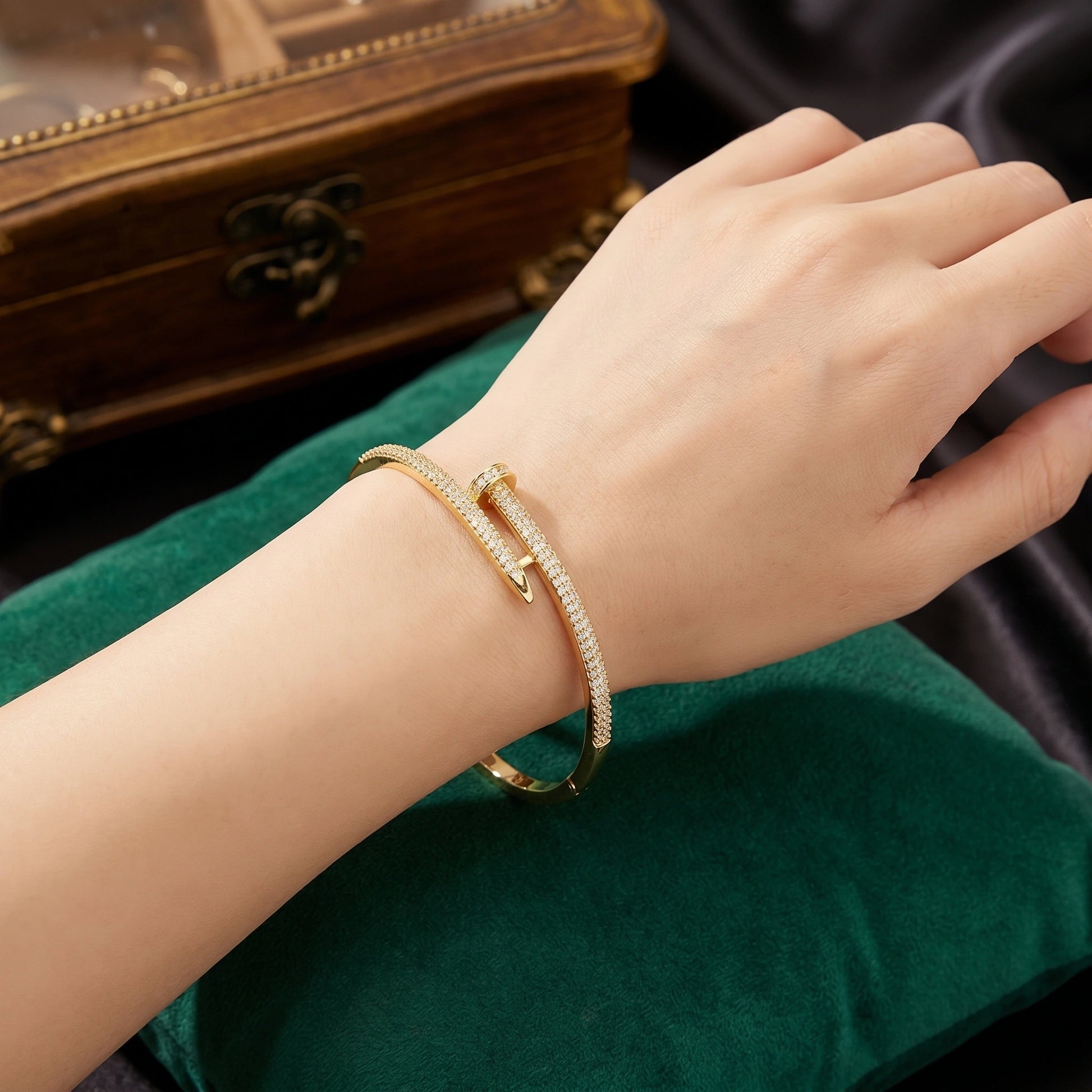 Back view of the Womens Sparkling Bracelet showing intricate construction details, elegantly displayed against a soft neutral background.