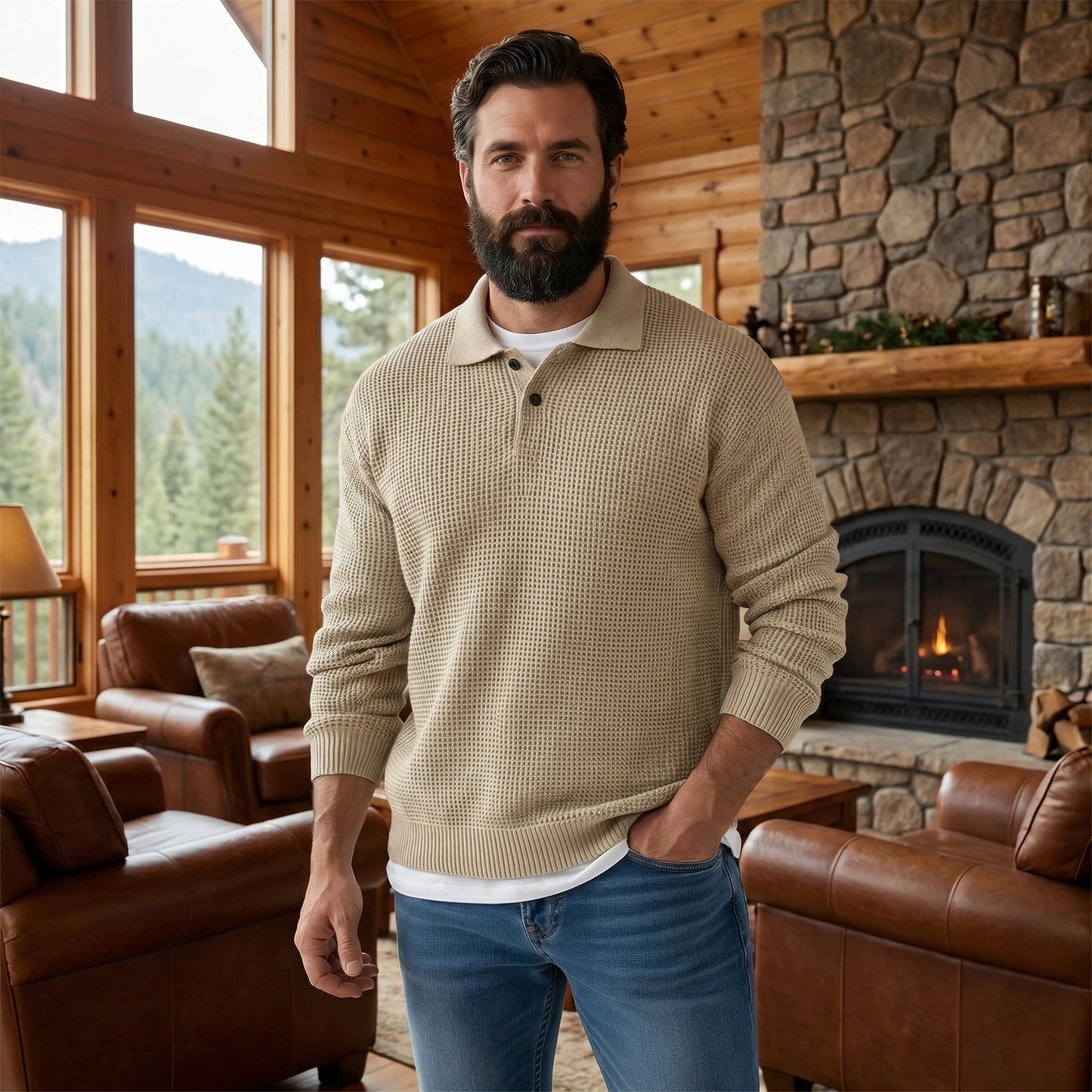 Close up view of the Mens Sophisticated Knit Polo Sweater showing the intricate stitching and luxurious fabric texture against a neutral background.
