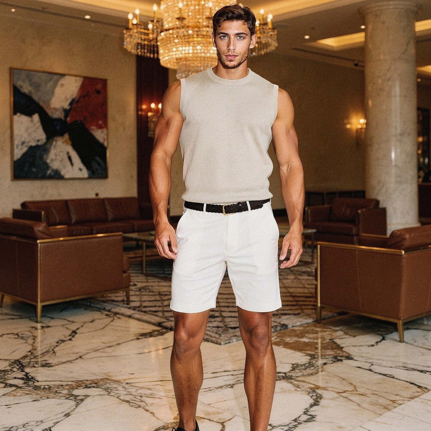 View of athletic fit chino shorts in light beige, featuring pockets and a comfortable fabric texture