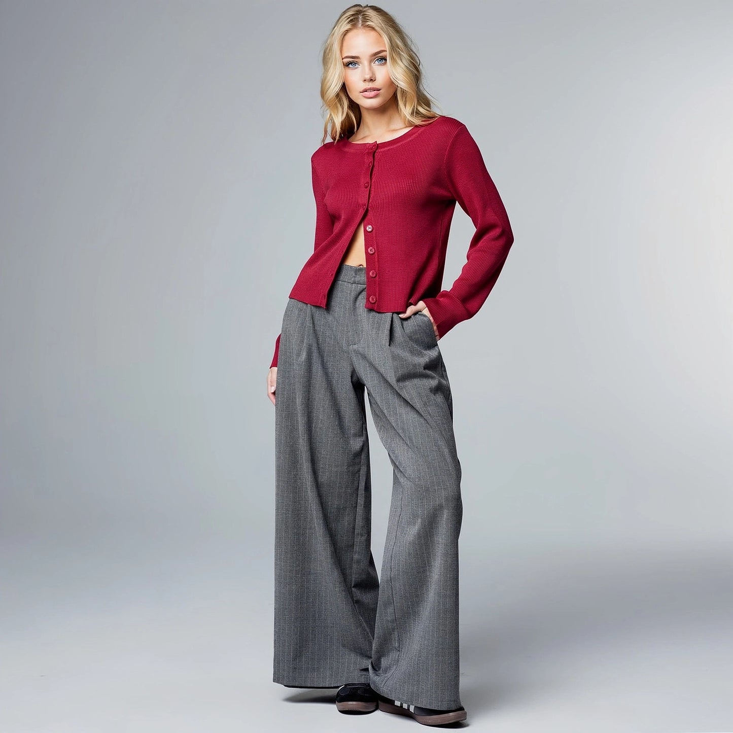 View of high waist trousers in soft beige fabric, featuring a tailored fit and subtle pleats