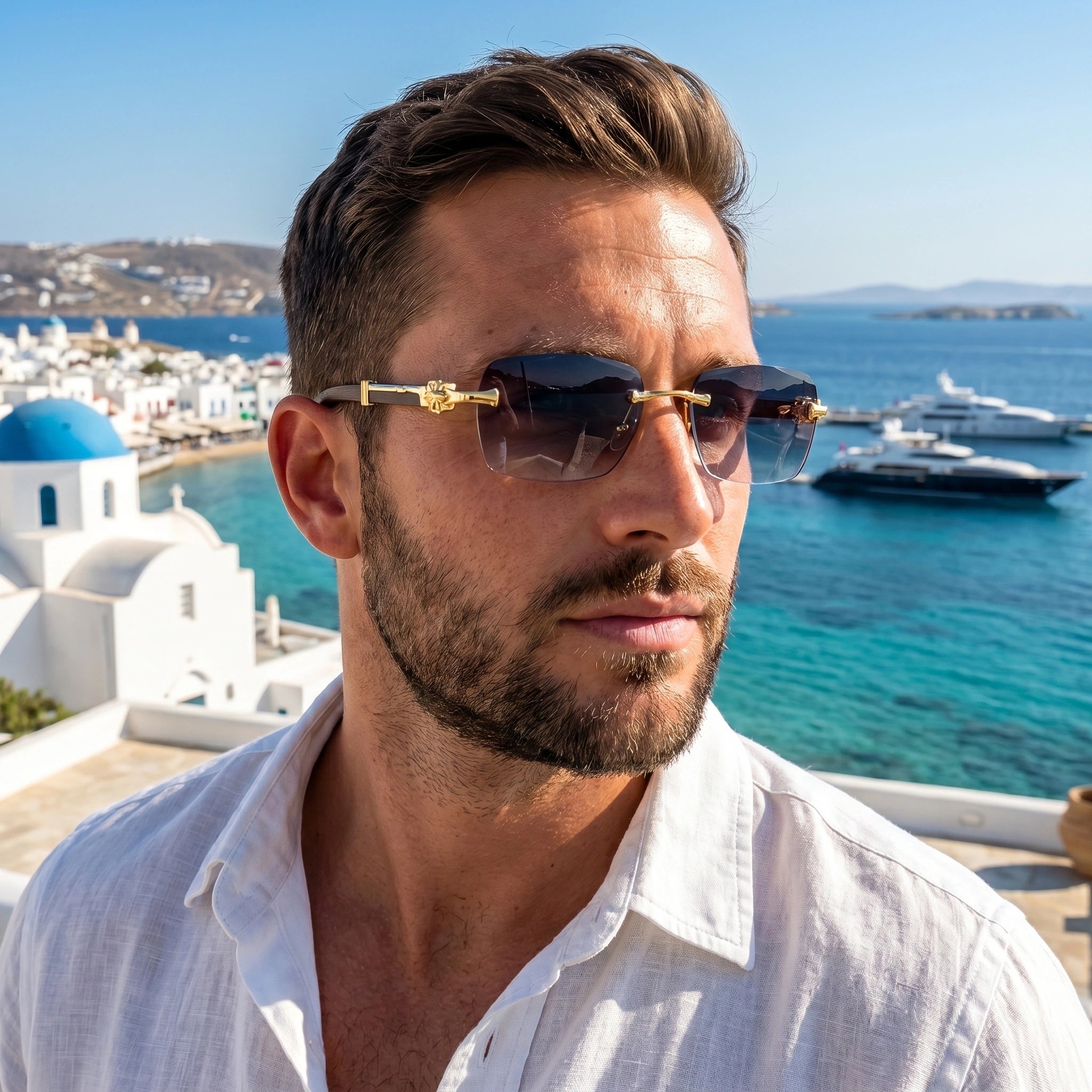 Close up view of the sleek semi rimless design of men's gradient sunglasses, showing the frame and premium stitching details against a neutral background.