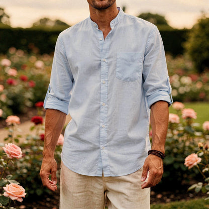 Lightweight casual henley shirt in soft cotton, featuring a buttoned placket and long sleeves, view
