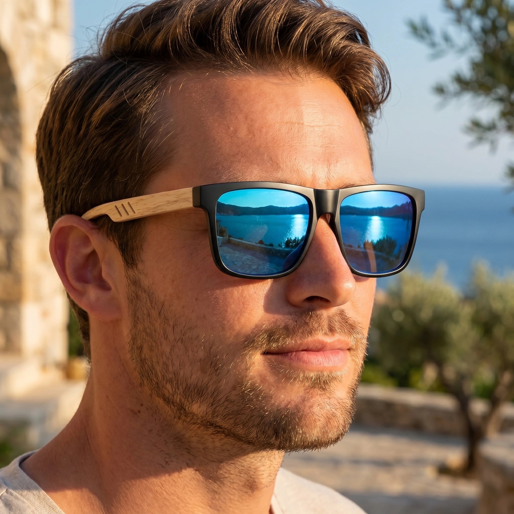 Close up of mens vintage square frame sunglasses showing the sleek design, polished finish, and intricate detailing against a neutral background.