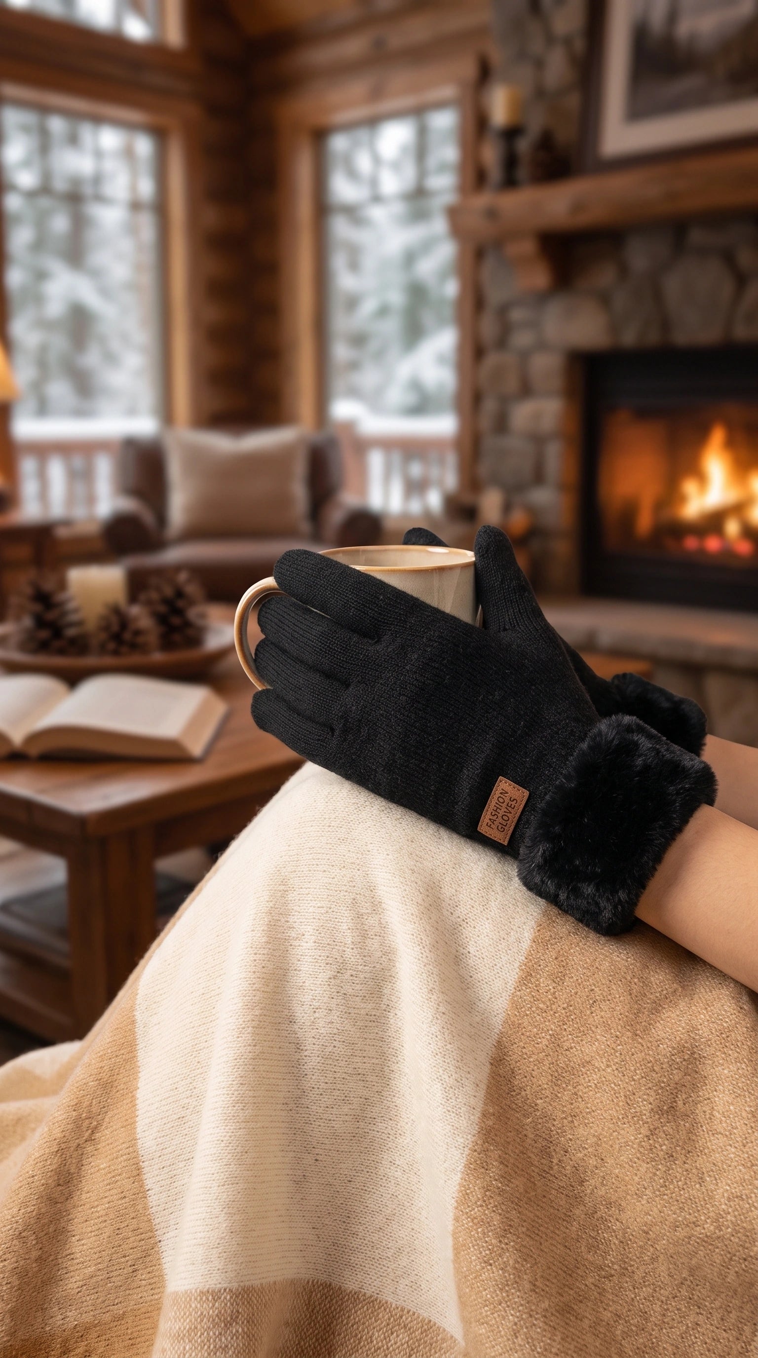 Close up view of women's warm winter gloves showing soft fabric, intricate stitching, and a design, perfect for enhancing winter outfits.