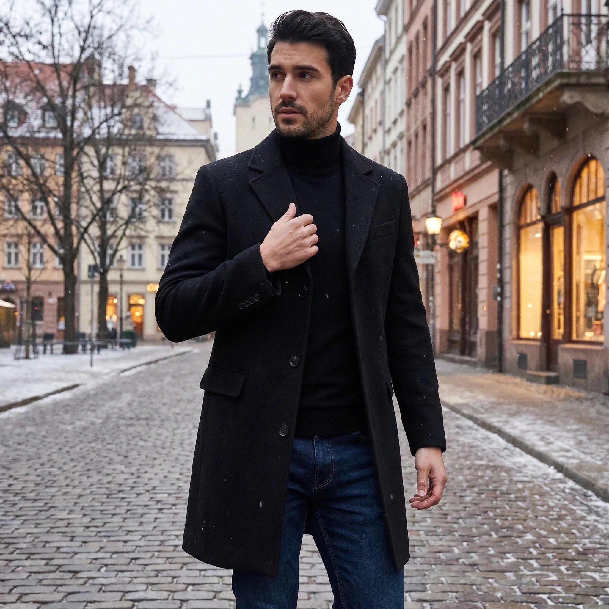 Close up of the mens classic tailored winter overcoat showing the rich fabric texture, precise stitching, and sophisticated design elements against a neutral background.