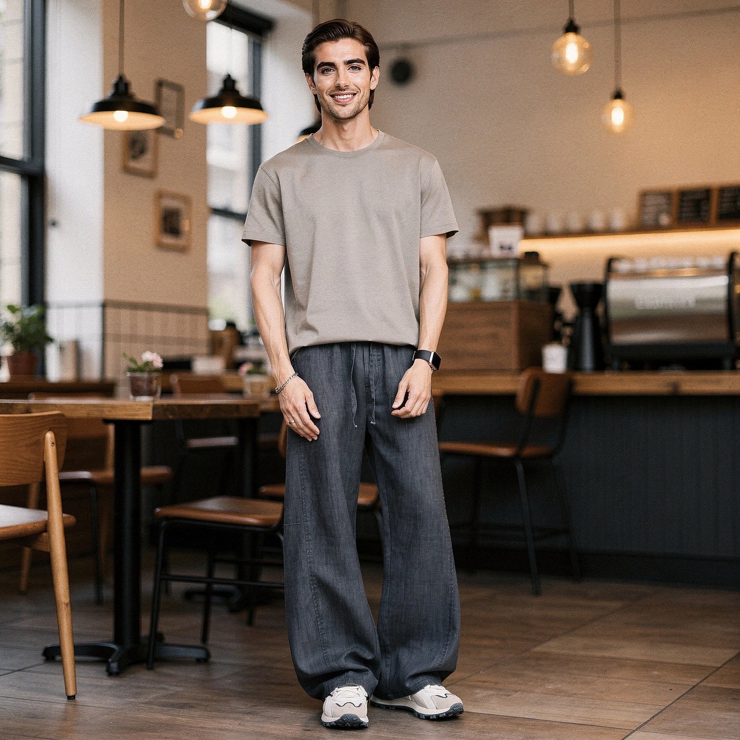 Lightweight summer trousers in light gray, featuring a relaxed fit and pockets, shown in a view