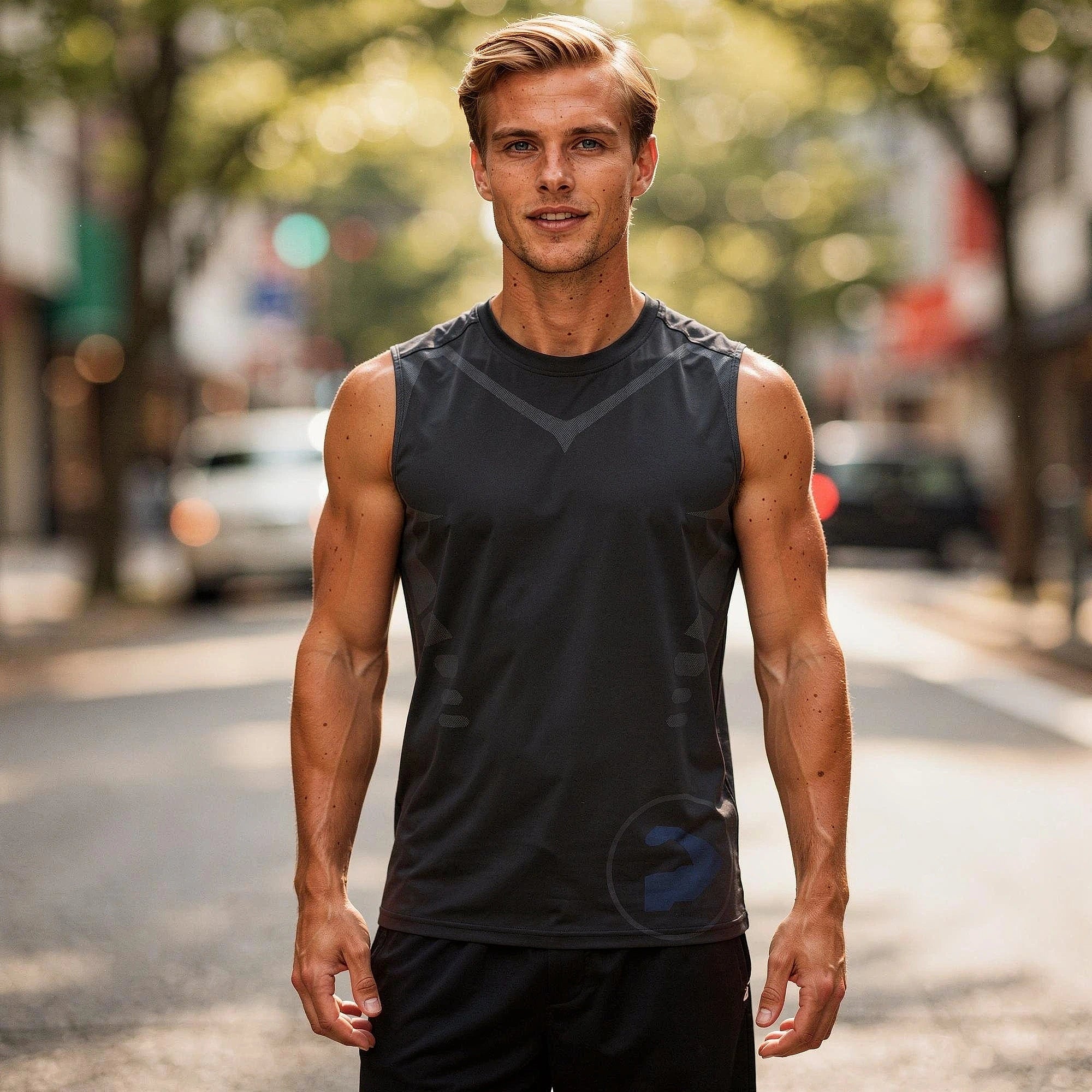 View of a sleek athletic tank top in dark gray, featuring quick dry fabric and a fitted design