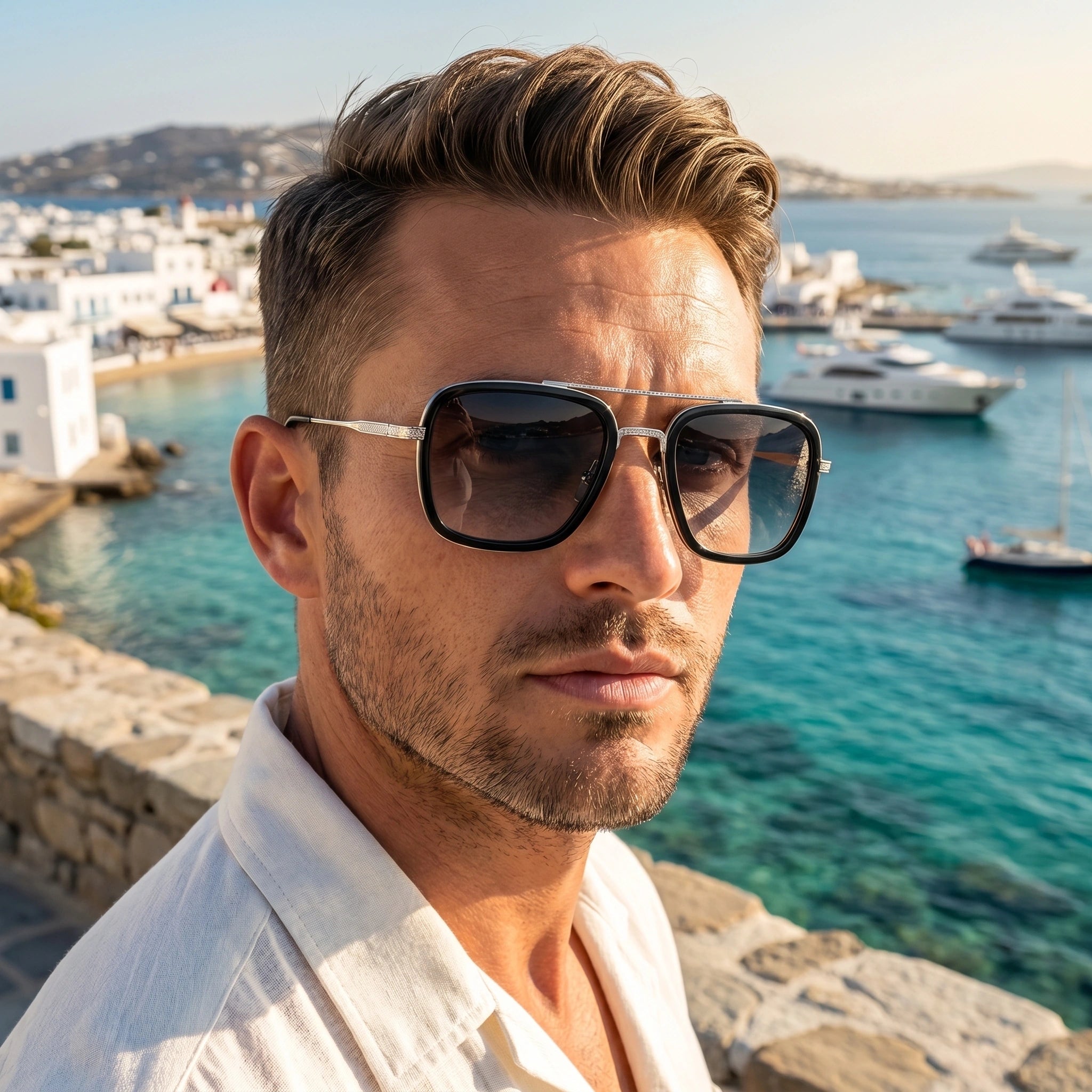 Close up view of the Mens Retro Square Sunglasses showing the sleek frame design and polished finish against a soft, neutral background.
