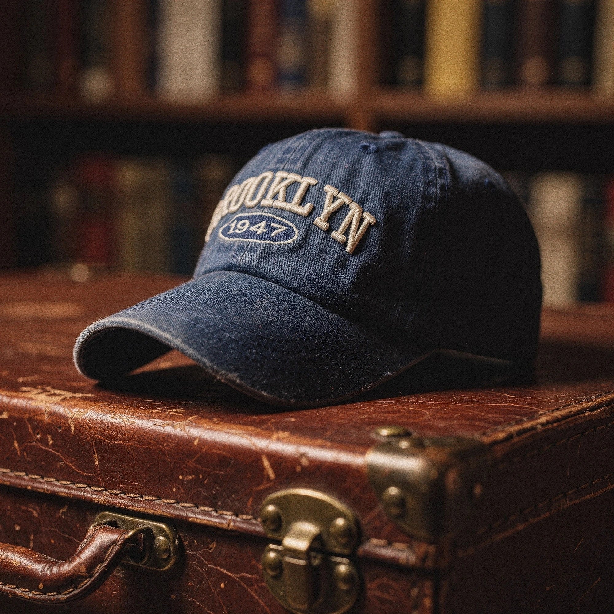 View of a navy blue embroidered cap featuring a casual chic design and adjustable strap at the