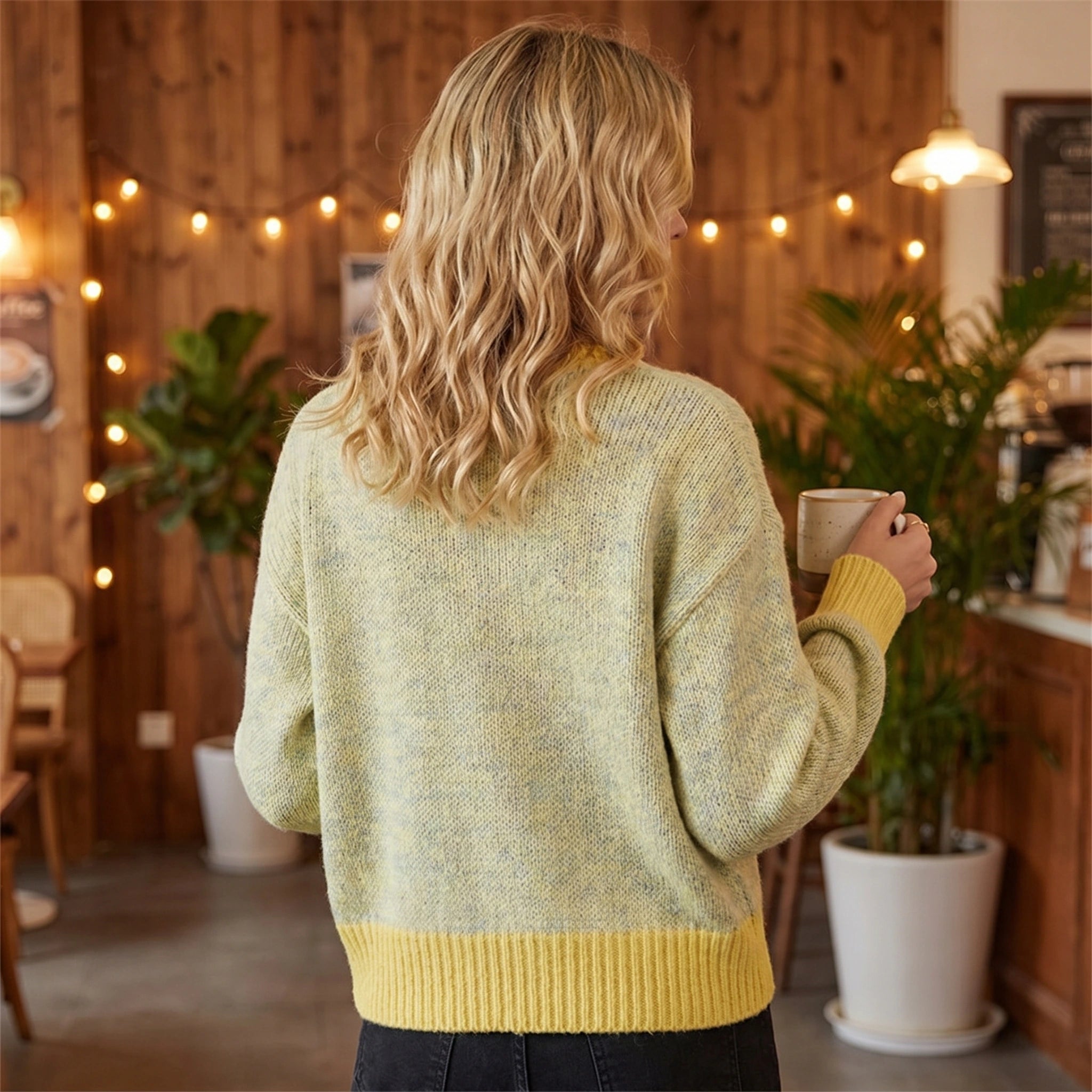 Close up of the Womens Cozy Cardigan showing its soft fabric texture and intricate stitching details, perfect for enhancing both office and casual outfits.