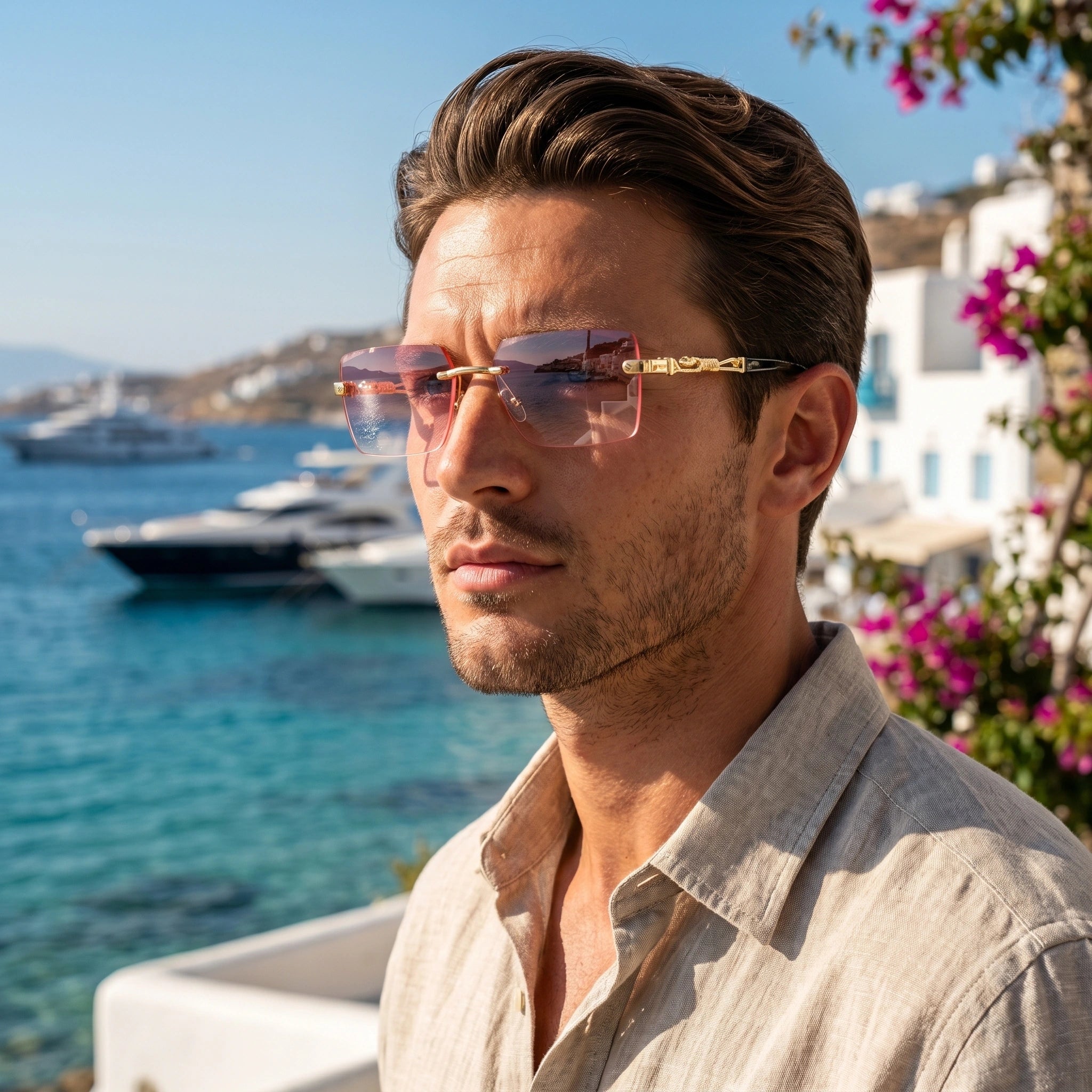 Close up view of the sleek summer sunglasses showing the polished frame, intricate detailing, and design ideal for enhancing any summer outfit.