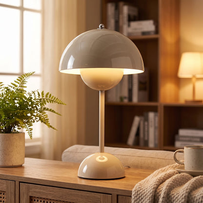 Close up of the NordicBeam Lamp showing its sleek fabric shade, precise stitching, and modern design elements in a minimalist setting.