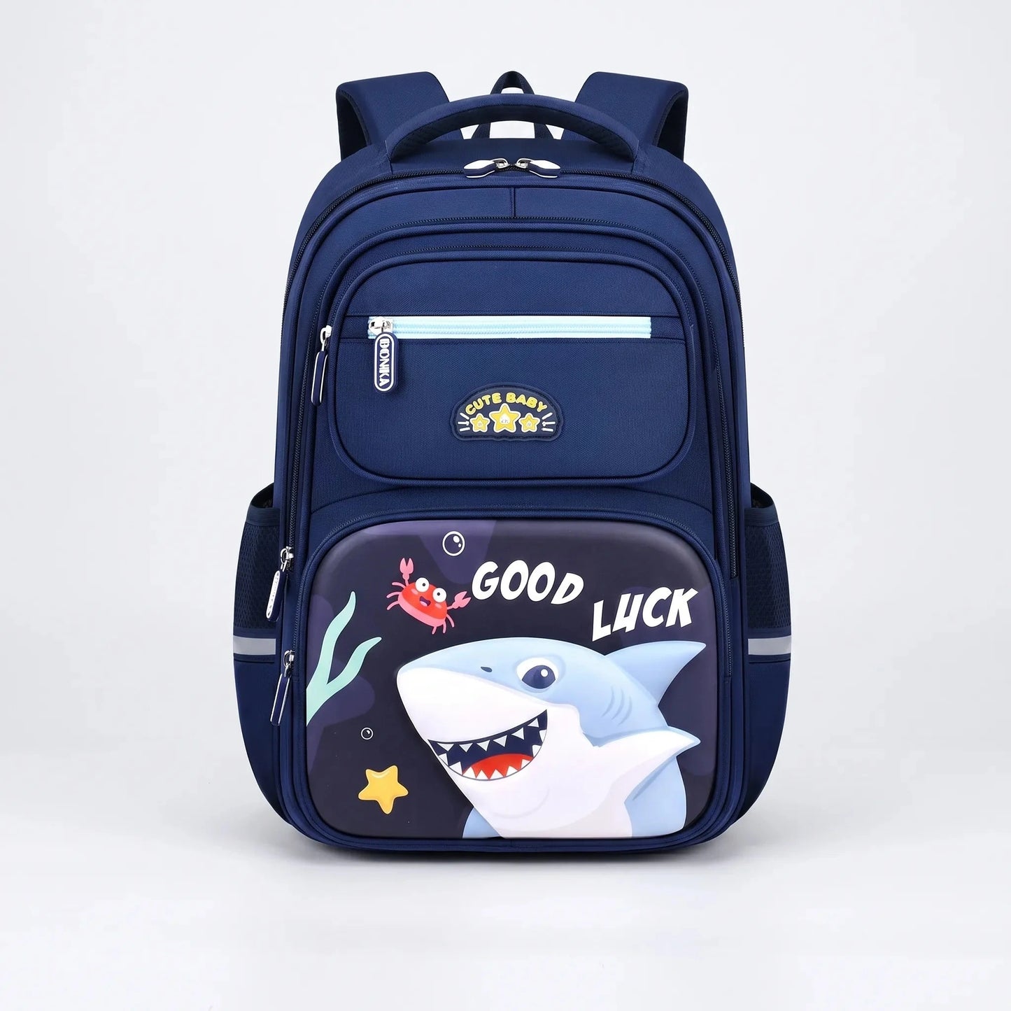 View of a coordinated stylish oxford school backpack set featuring a sleek gray exterior, adjustable straps, and multiple compartments