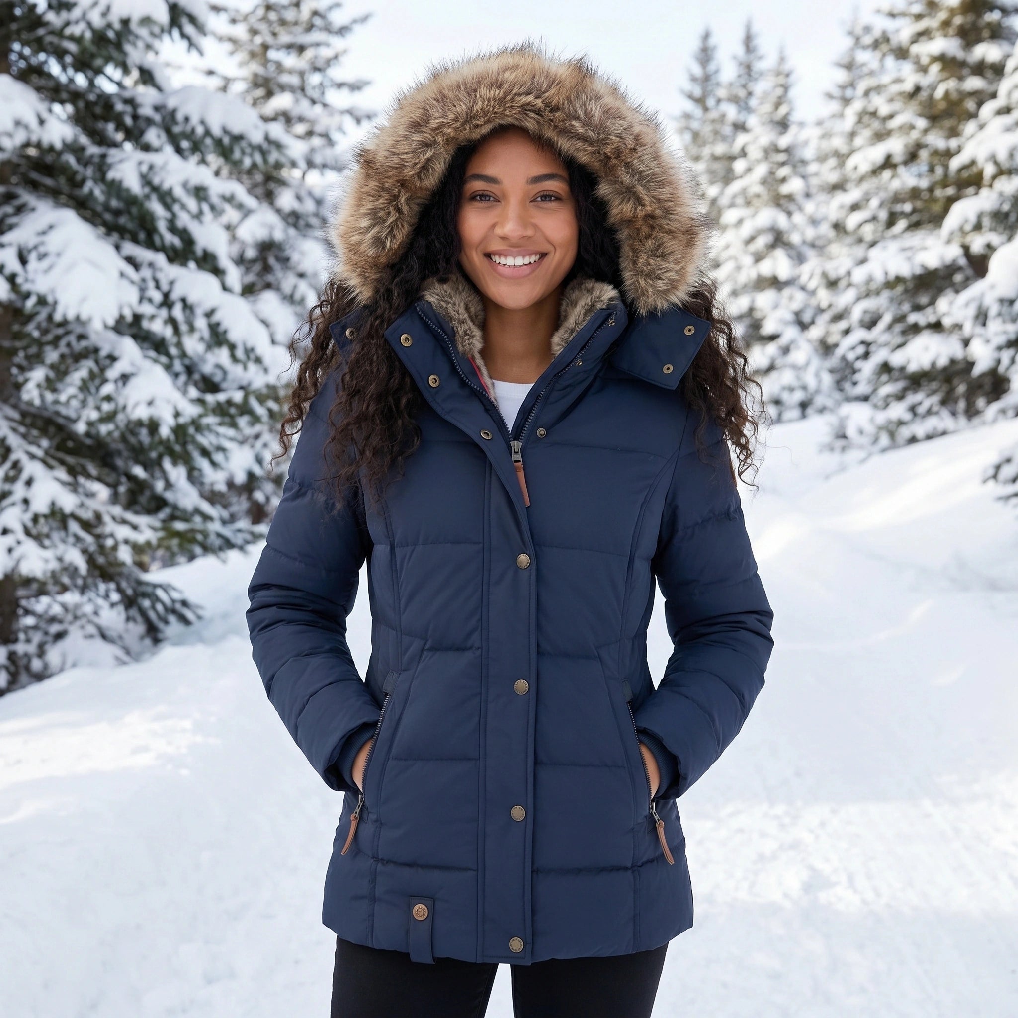 Close up view of the Womens Fitted Winter Puffer Jacket showing the luxurious fabric texture, precise stitching, and sleek design details against a neutral background.