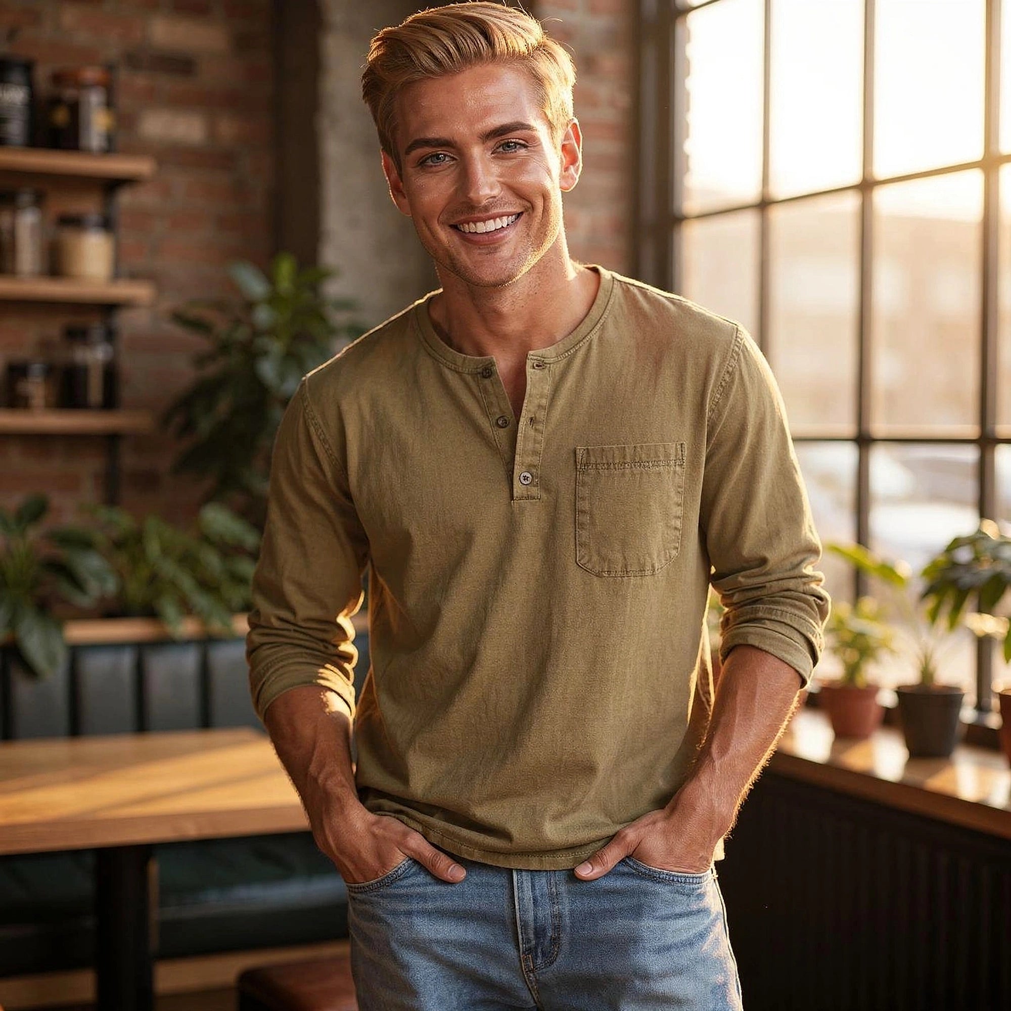 View of a light gray long sleeve henley shirt made from soft cotton, featuring a three button placket and a relaxed fit