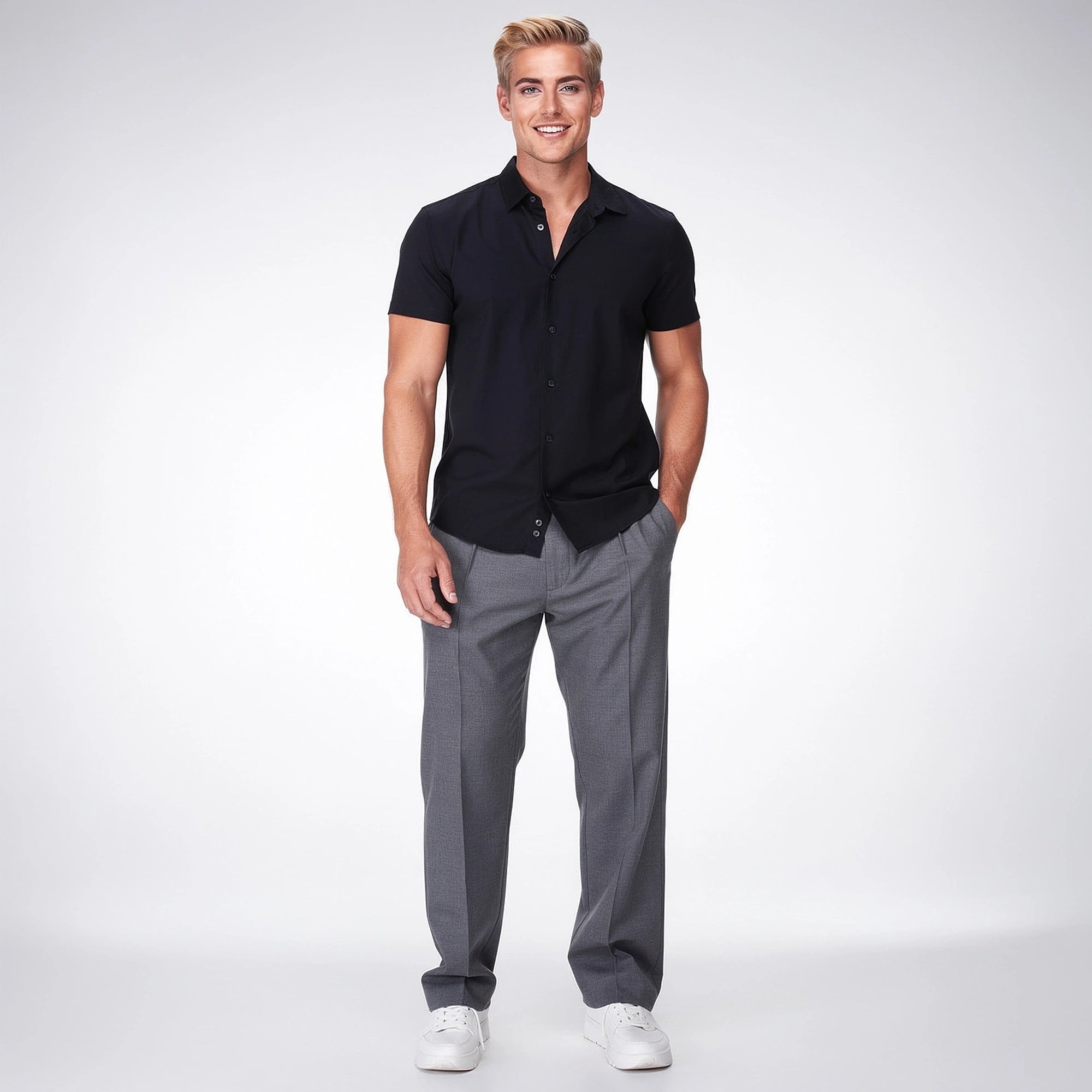 View of comfortable loose fit formal trousers in a soft gray fabric, featuring a flat and pockets