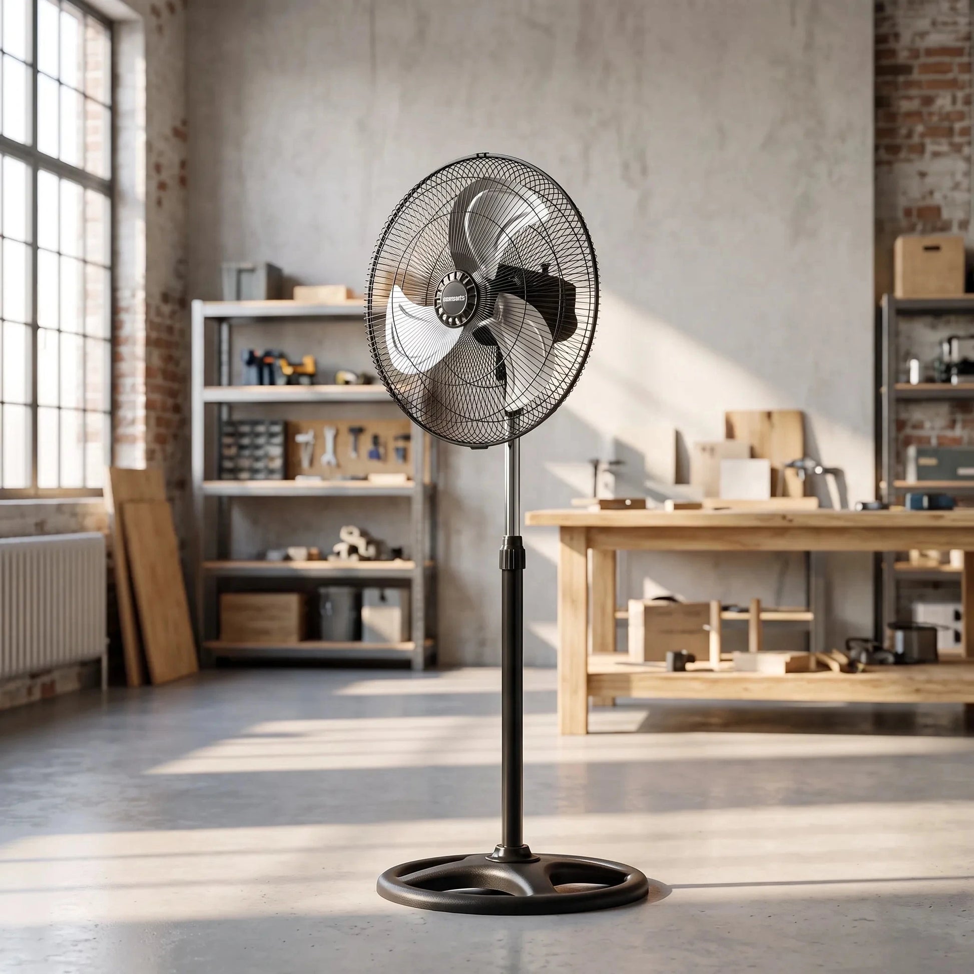 A modern oscillating pedestal fan with a sleek design, featuring a three speed control panel and a sturdy base