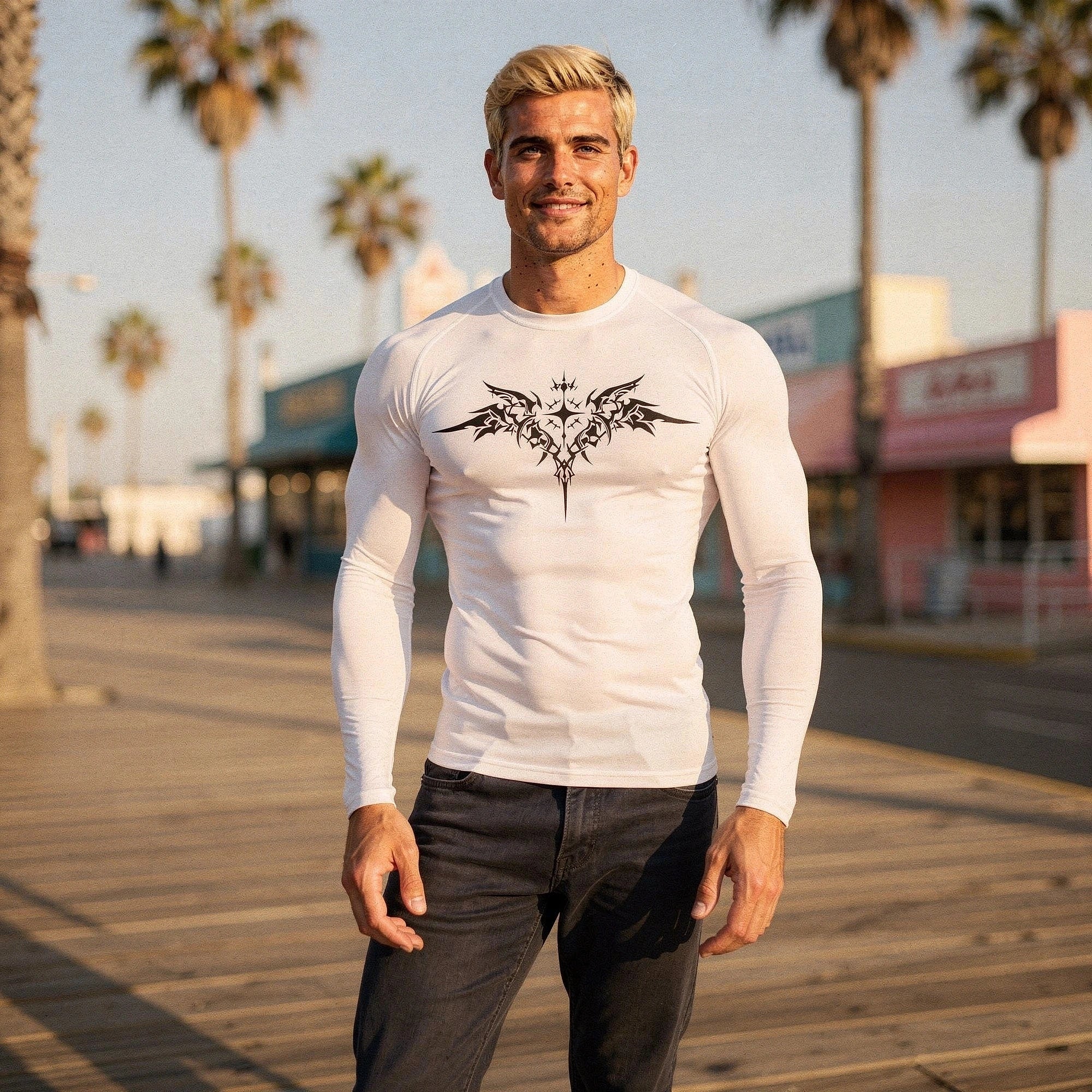 View of a black men's quick drying compression tee featuring a fitted design and breathable fabric