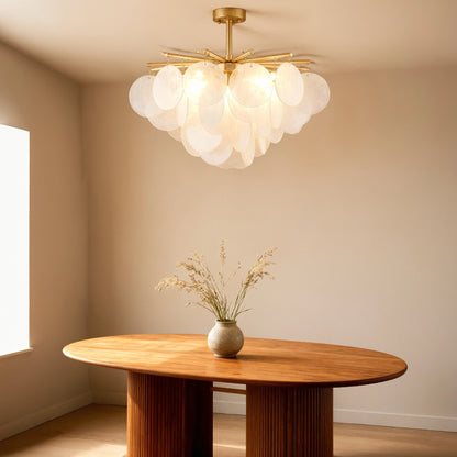 Close up view of the Layered Glass Chandelier showing intricate glass layers and details, perfect for enhancing a modern dining room ambiance.