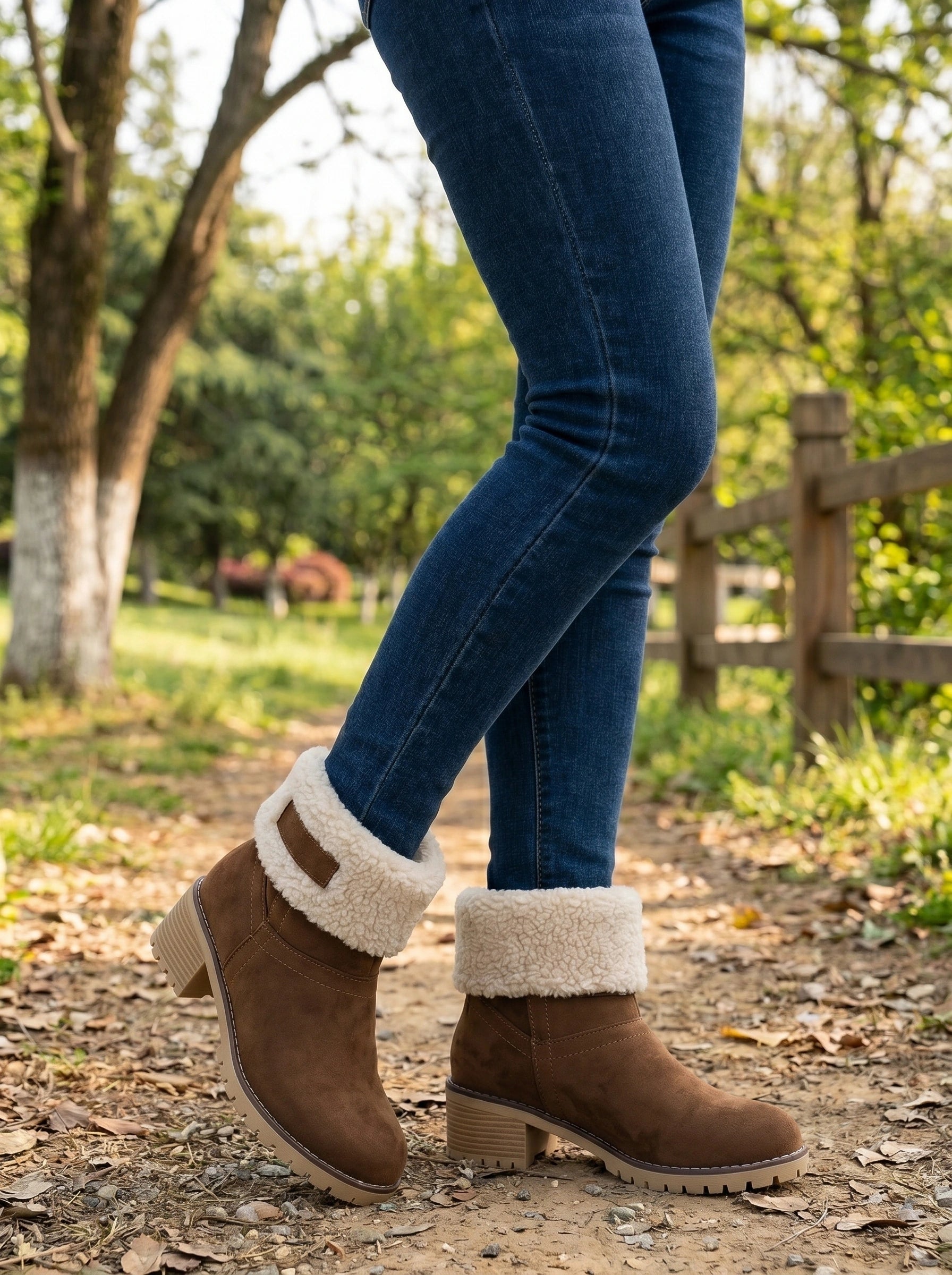 Close up view of women's cuffed ankle boots showing soft Sherpa accents and detailed stitching against a neutral background, showing their design and comfort.