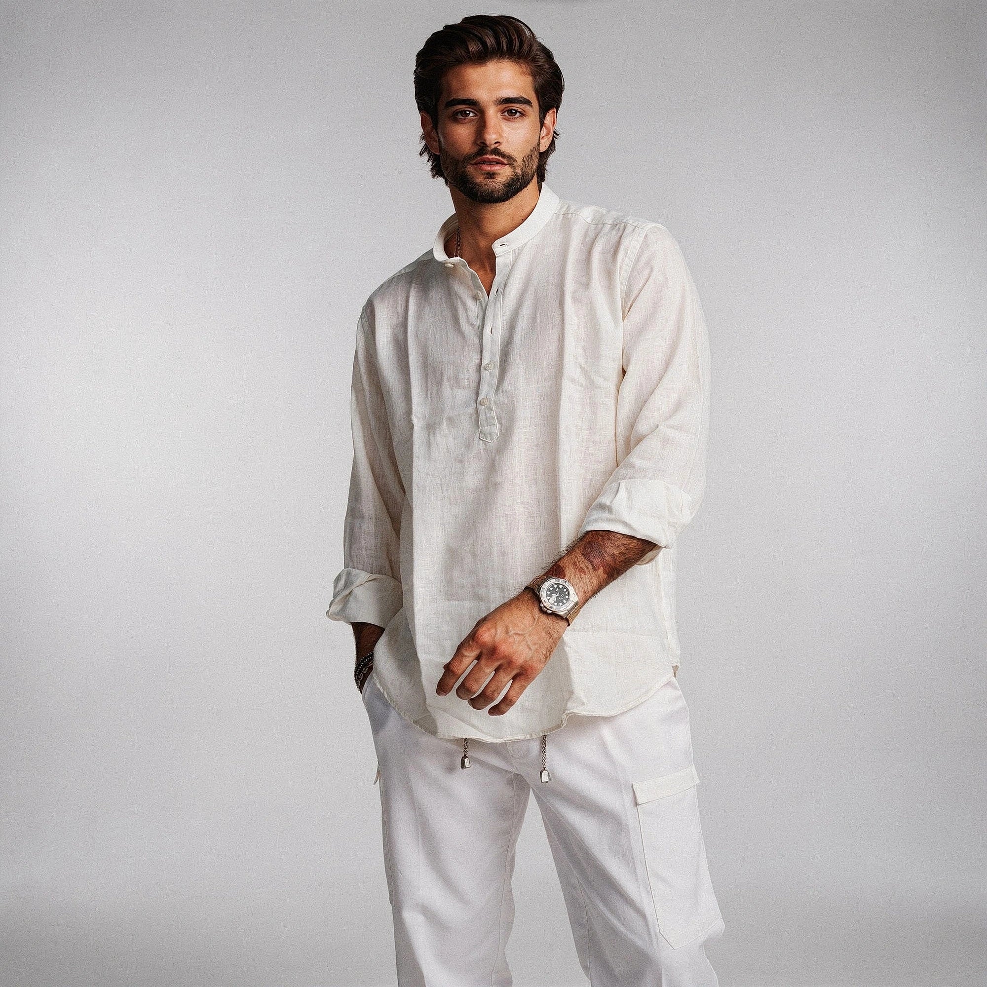 Lightweight breathable summer henley shirt in light grey, featuring a three button placket and short sleeves, view