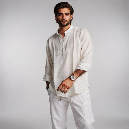 Lightweight breathable summer henley shirt in light grey, featuring a three button placket and short sleeves, view