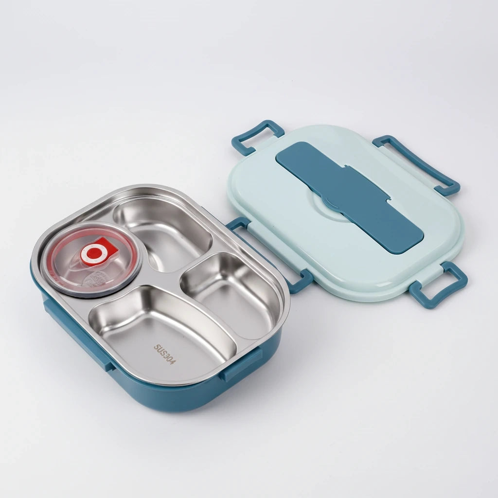 View of a contemporary stainless steel bento lunch box featuring multiple compartments and a sleek design, showcasing its modern finish