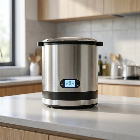 Sleek countertop ice cream maker featuring a clear viewing lid, control panel, and a compact design for easy storage